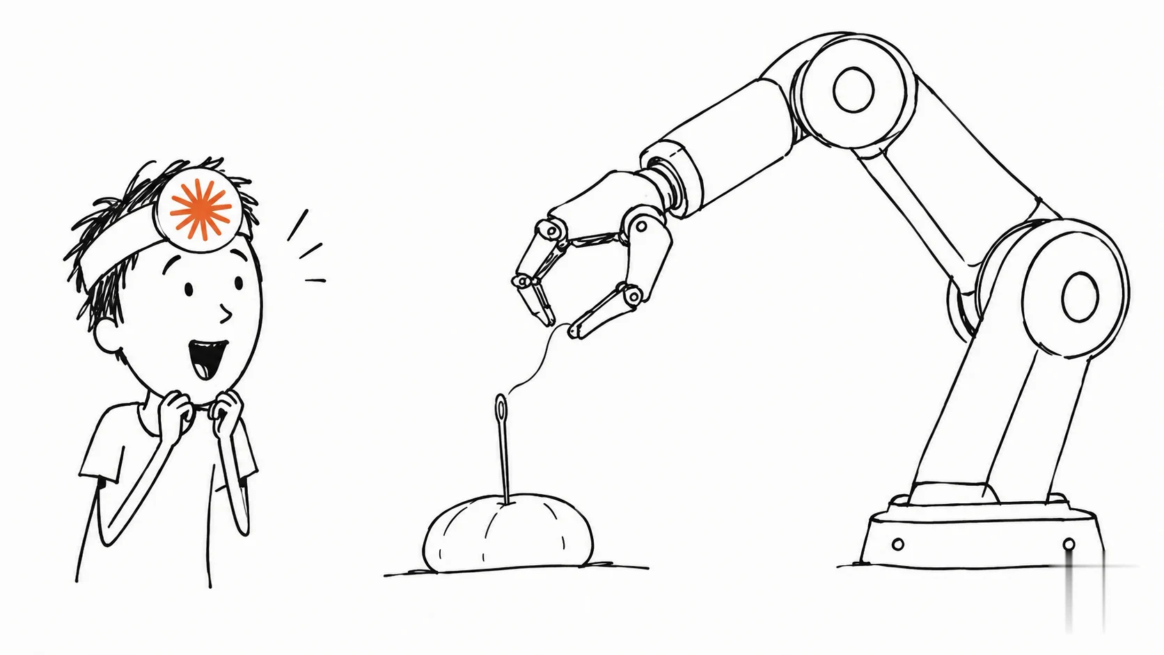 A messy-haired person looks impressed as an enormous robotic arm threads a tiny needle.