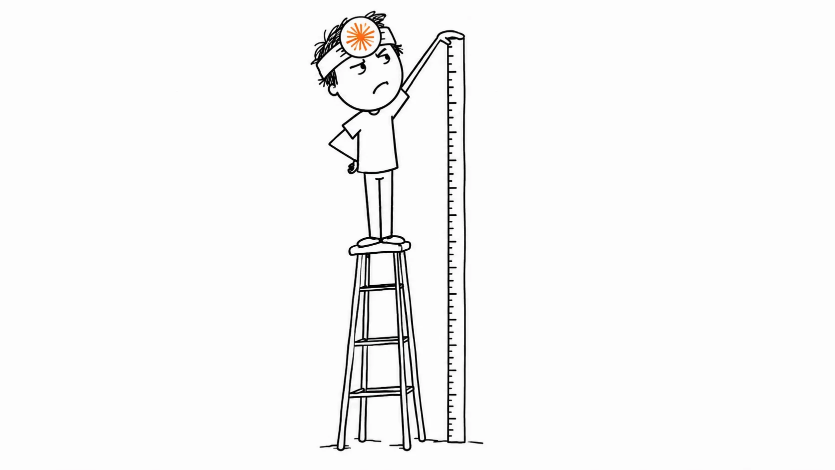 A skeptical person with messy hair measures their own height while standing on a tall stool.
