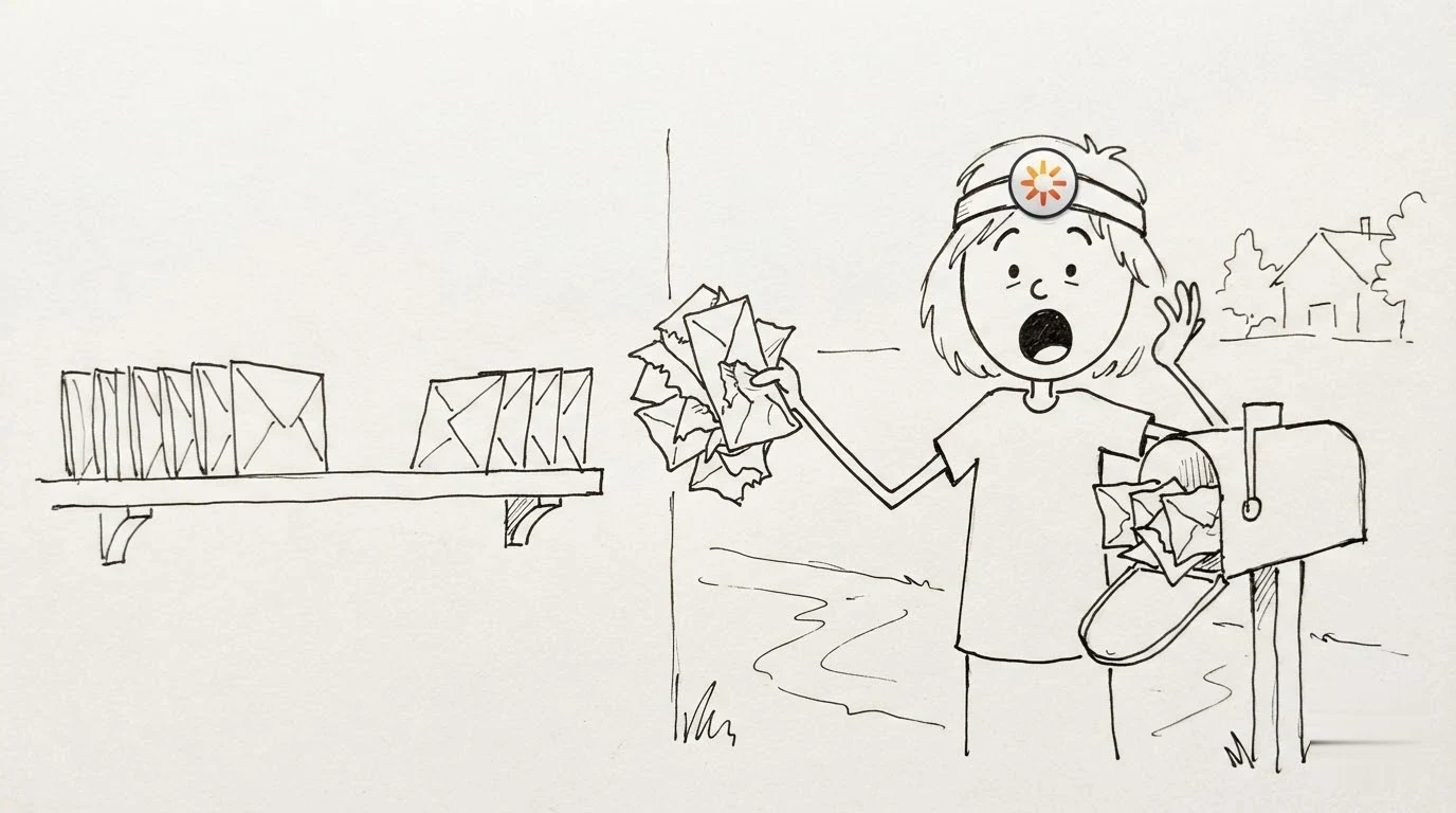 A shocked person pulls torn envelopes from a mailbox, with a gap in a neat row of envelopes behind them.