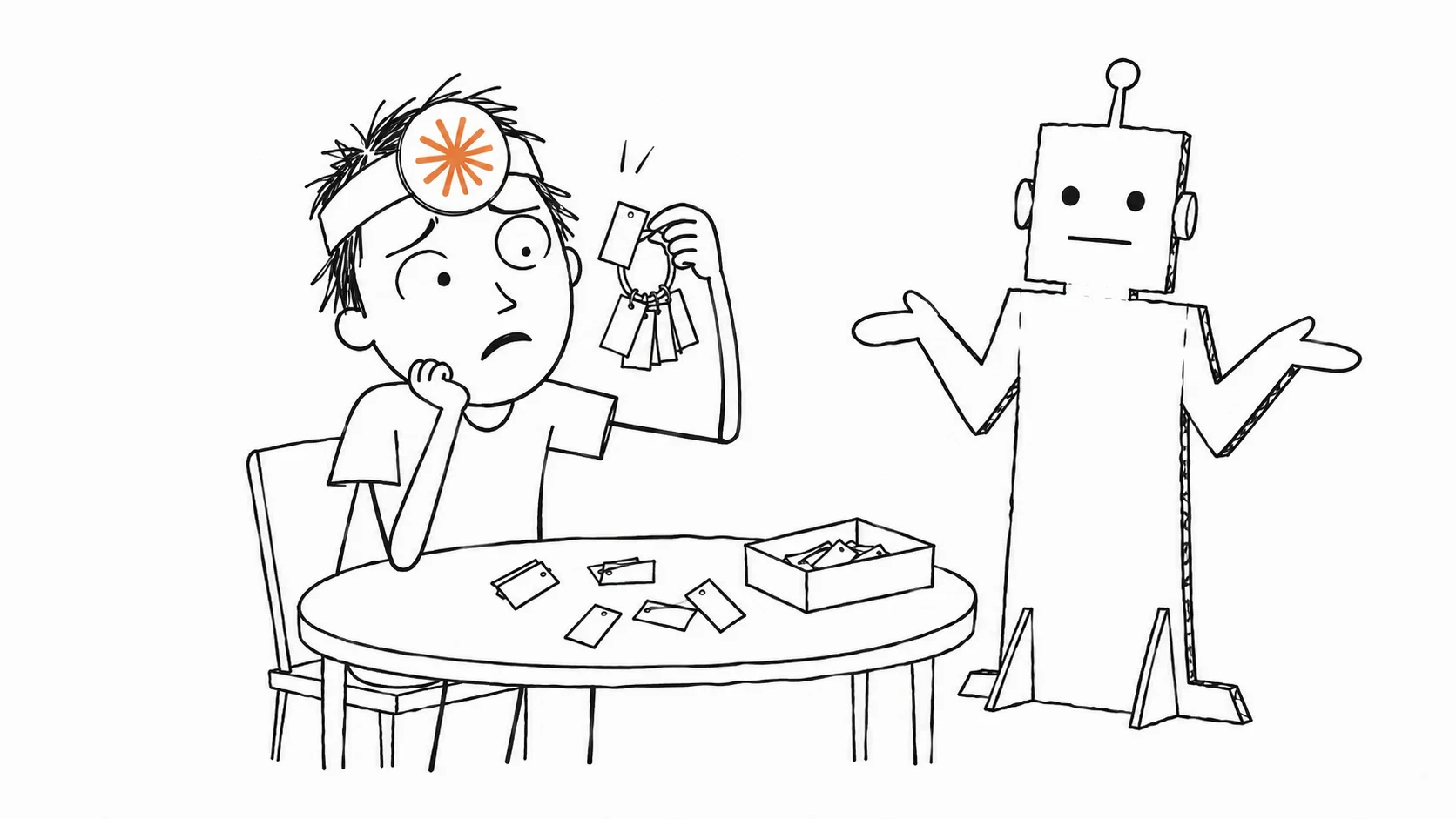 A baffled person checks paper tags one by one while a cardboard robot shrugs beside the table.