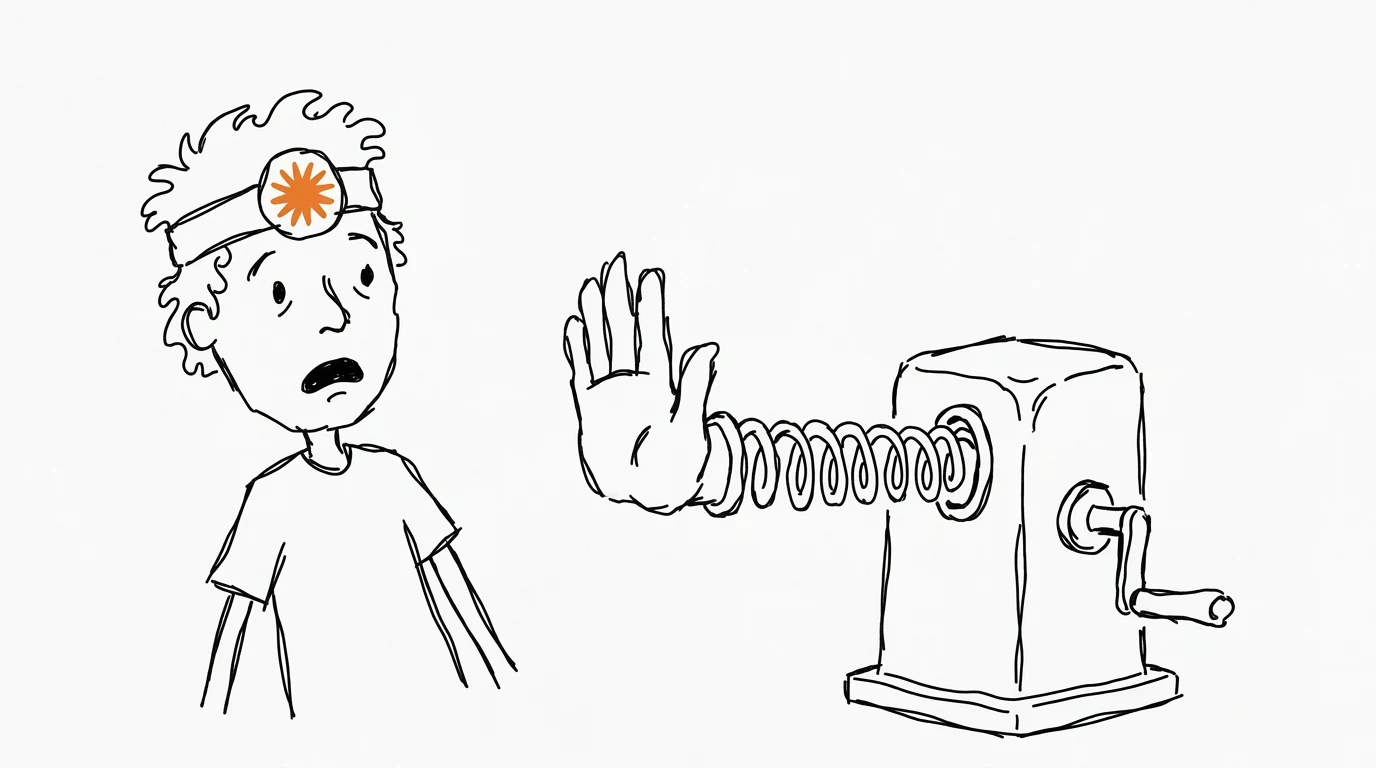 A startled person recoils from a machine with a giant spring-mounted hand making a stop gesture.