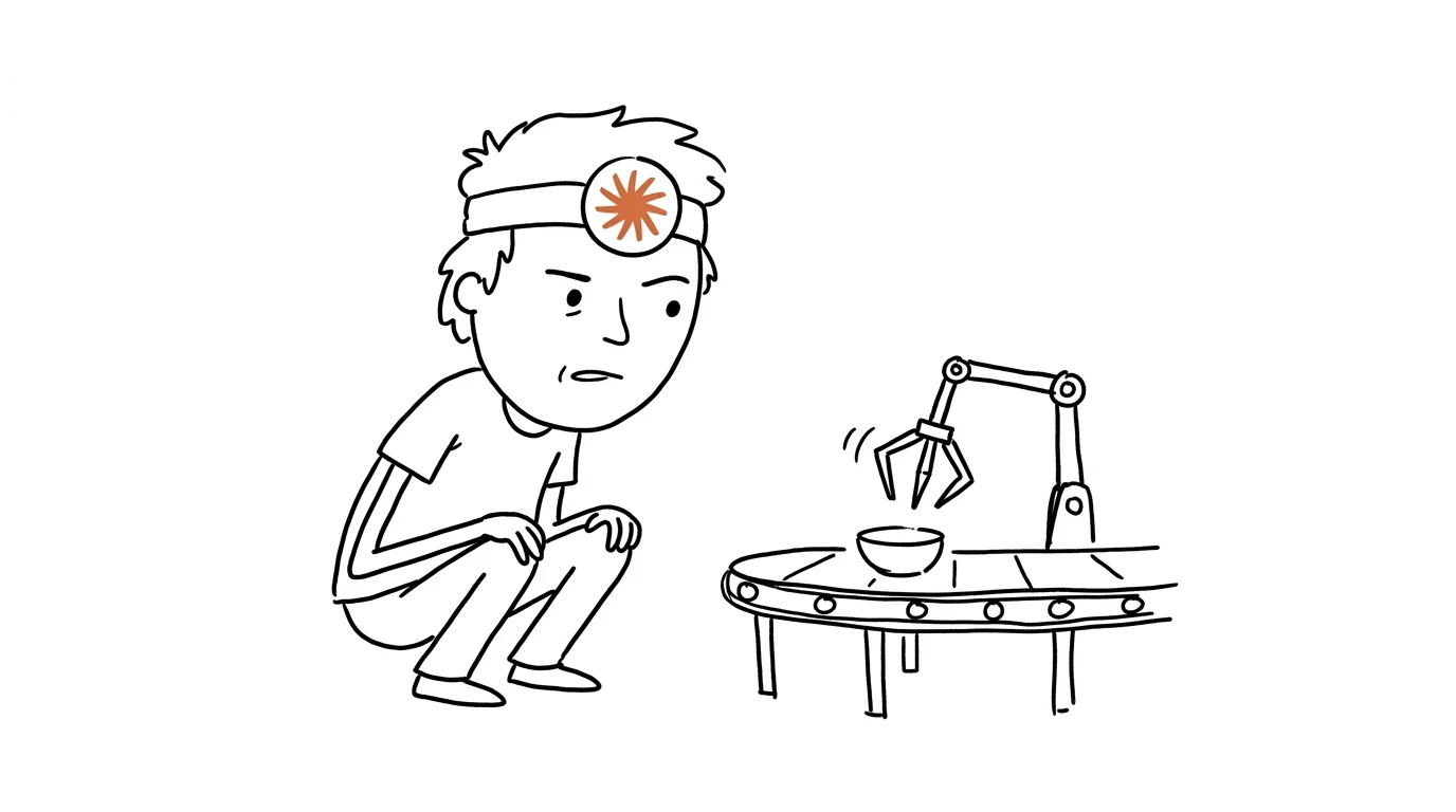 A suspicious person crouches beside a circular conveyor belt with an empty claw above an empty bowl.