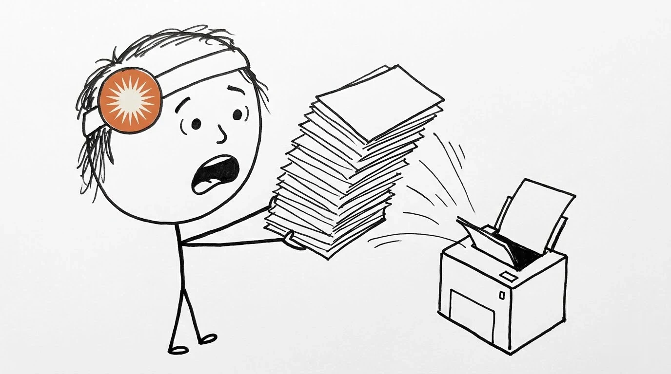 A startled person catches a towering stack of blank paper shooting from a small printer.