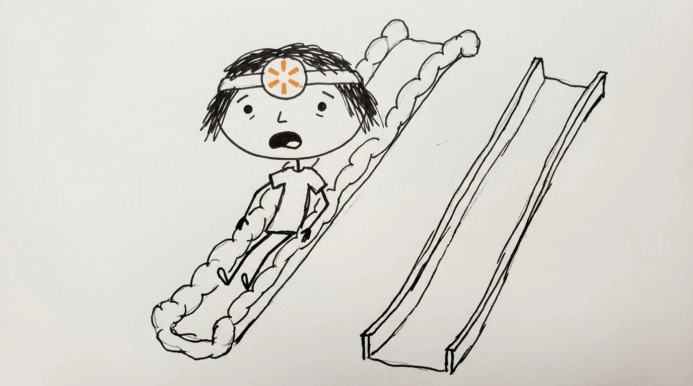 A baffled person slides down a padded branch of a forked slide beside an empty steep branch.
