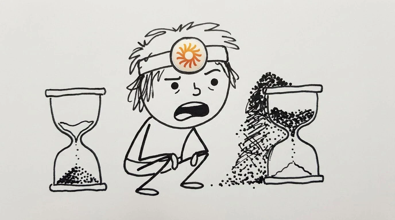 헝클어진 머리의 사람이 바닥에 쌓인 모래의 양이 크게 다른 같은 크기의 모래시계 사이에서 어리둥절해합니다.