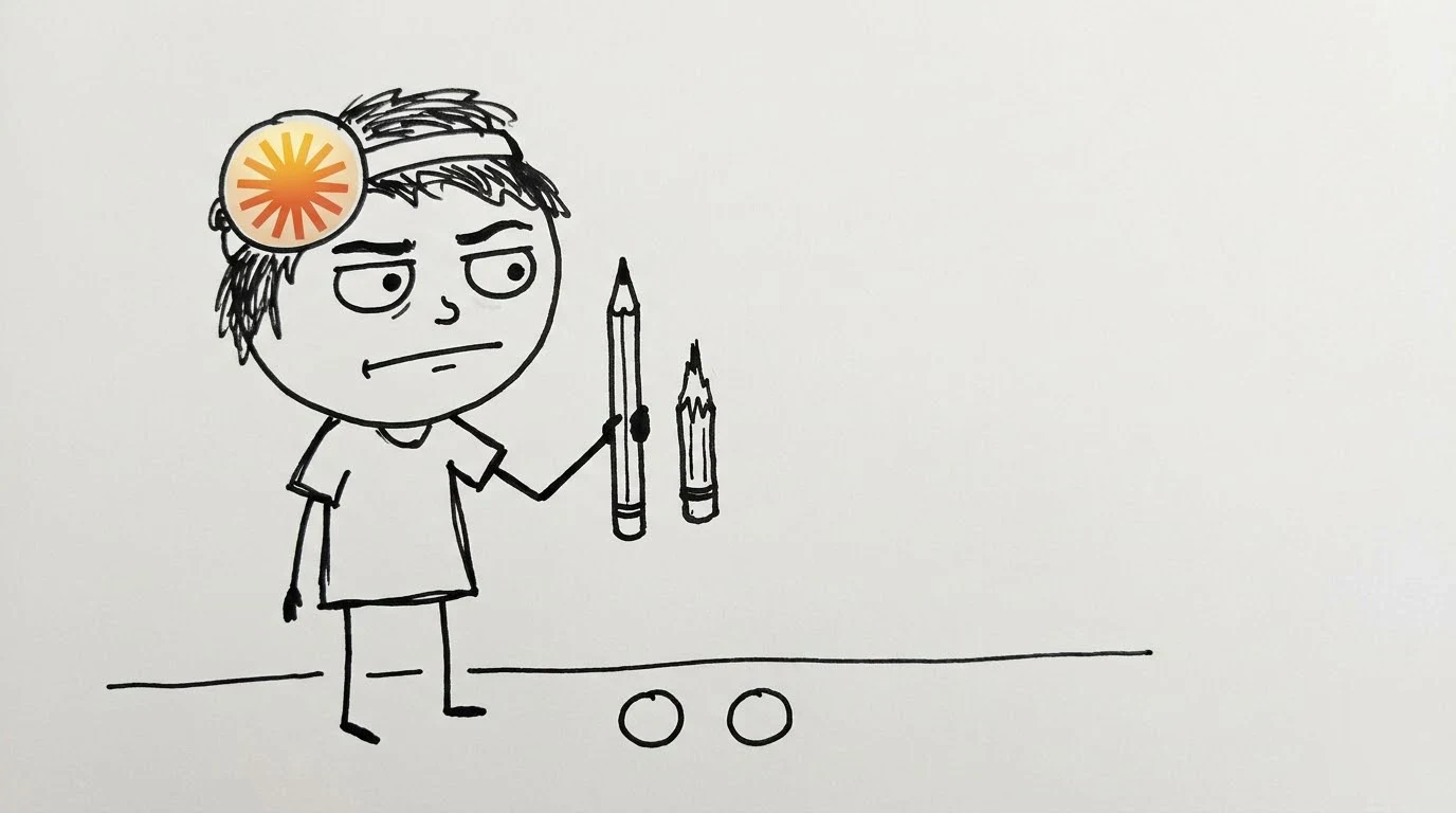 헝클어진 머리의 사람이 바닥에 같은 크기의 원을 그린 뒤, 길이가 크게 달라진 연필을 의심스러운 표정으로 살펴봅니다.
