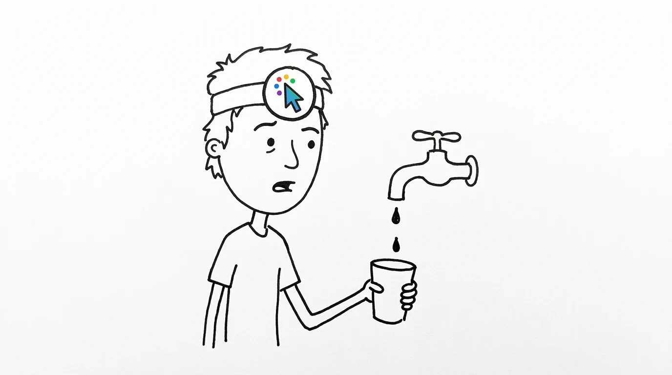 A puzzled person holds an empty cup beneath a faucet with droplets suspended in midair.