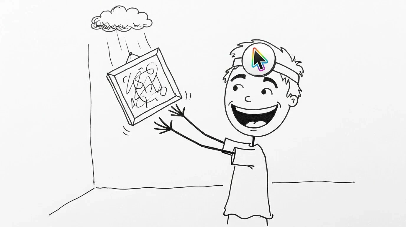 A delighted messy-haired person catches a framed canvas falling from a small cloud.