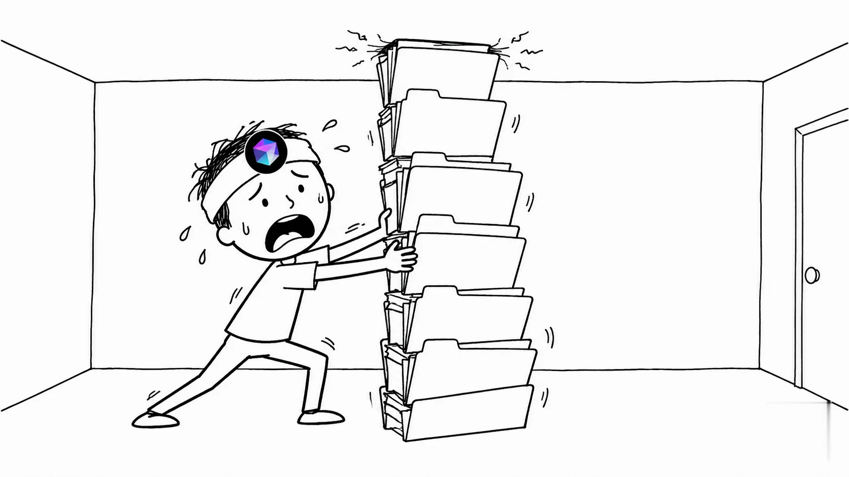 A panicking messy-haired person pushes a tall stack of folders against a low ceiling.