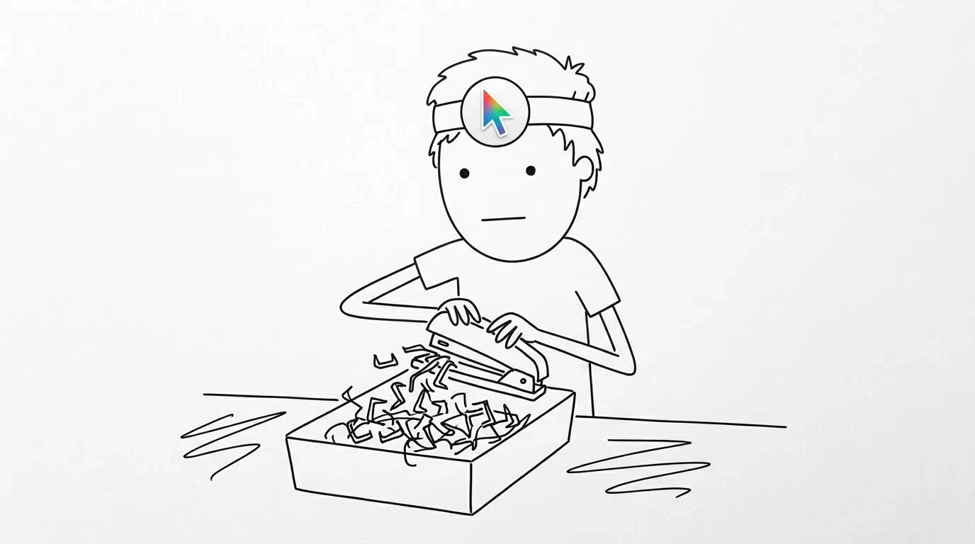 A messy-haired person presses a faulty stapler, collecting its mangled staples in an oversized tray.
