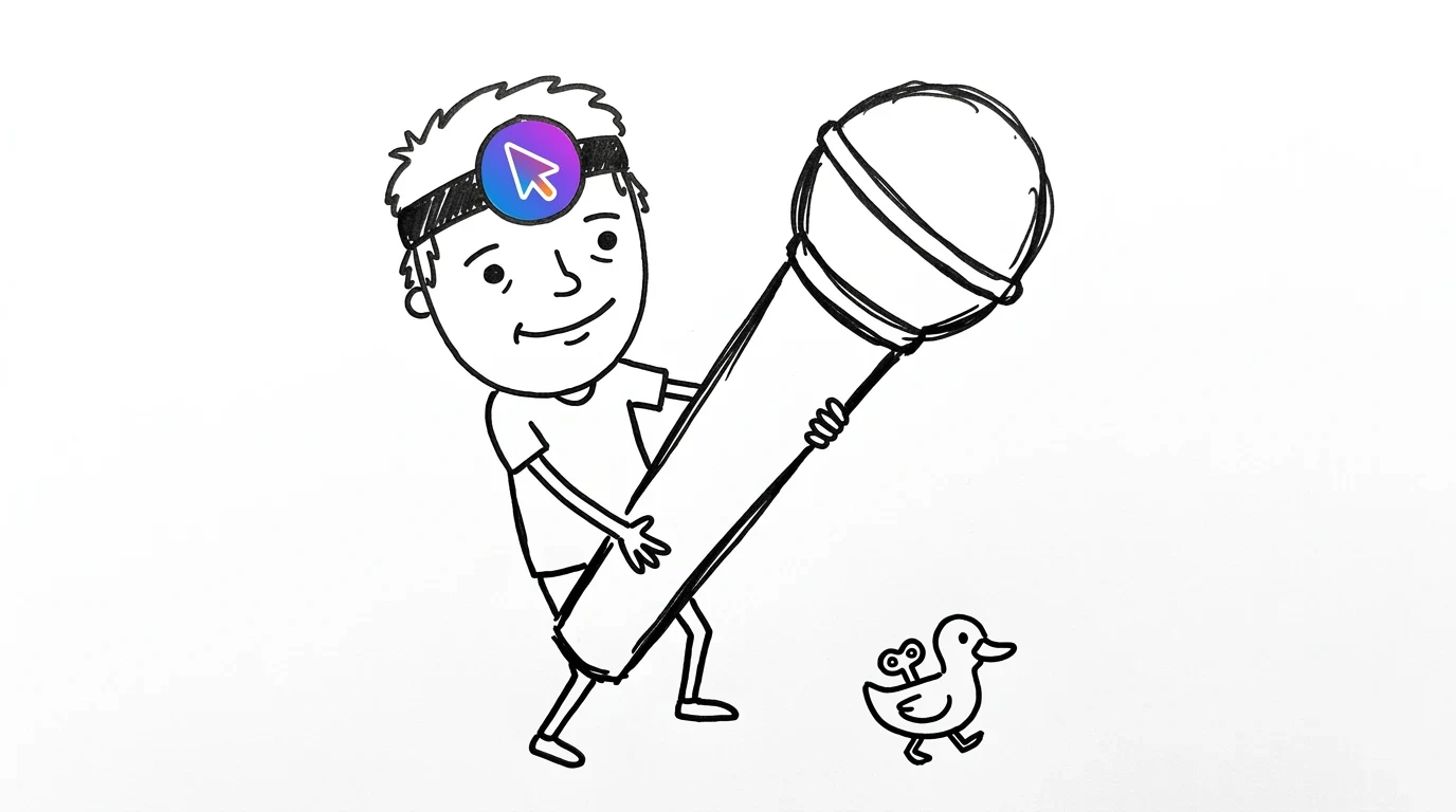 A messy-haired person removes an enormous microphone as a tiny windup duck waddles past.