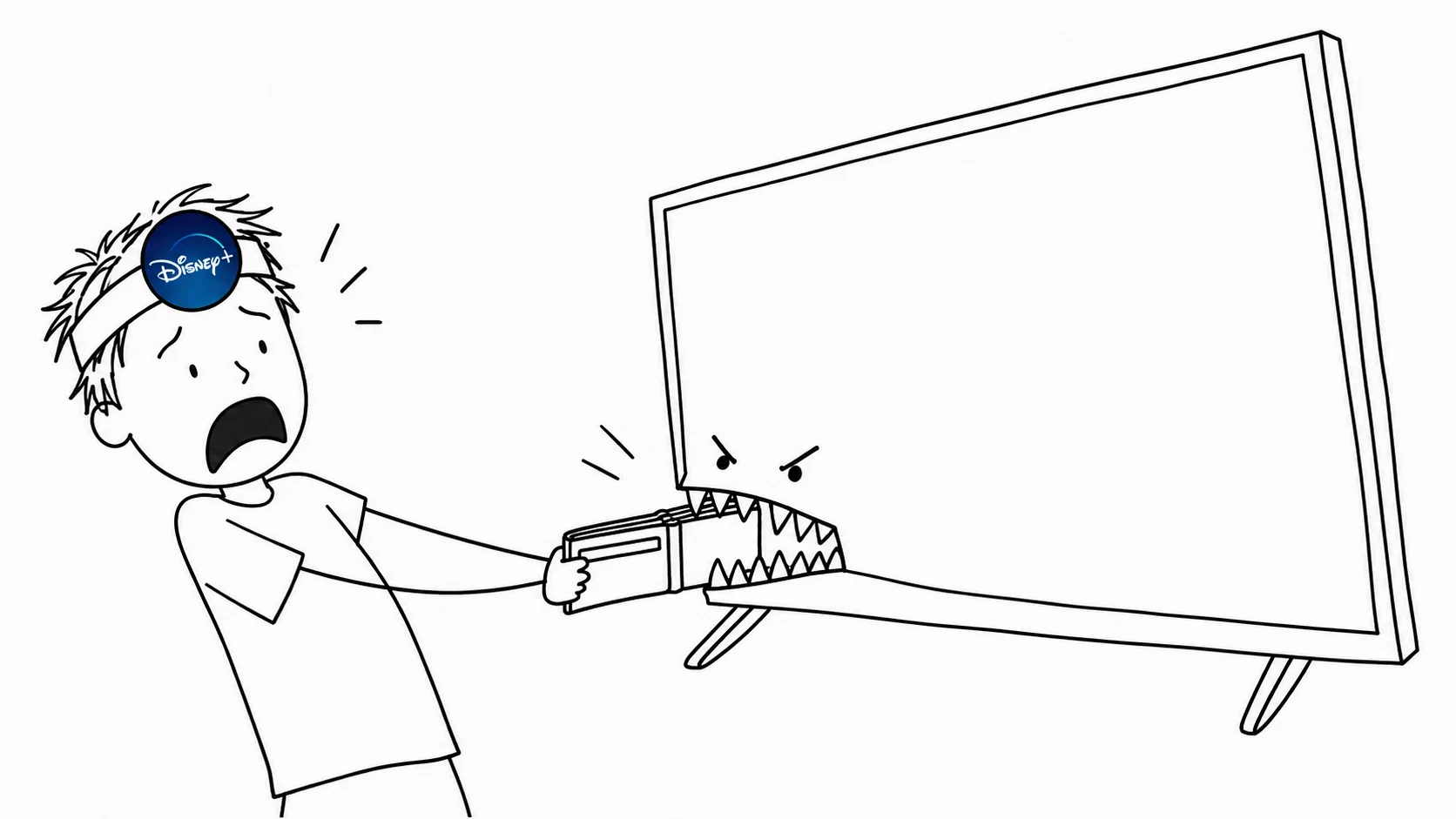 A shocked person holds an open wallet caught in the jaws of an enormous television.