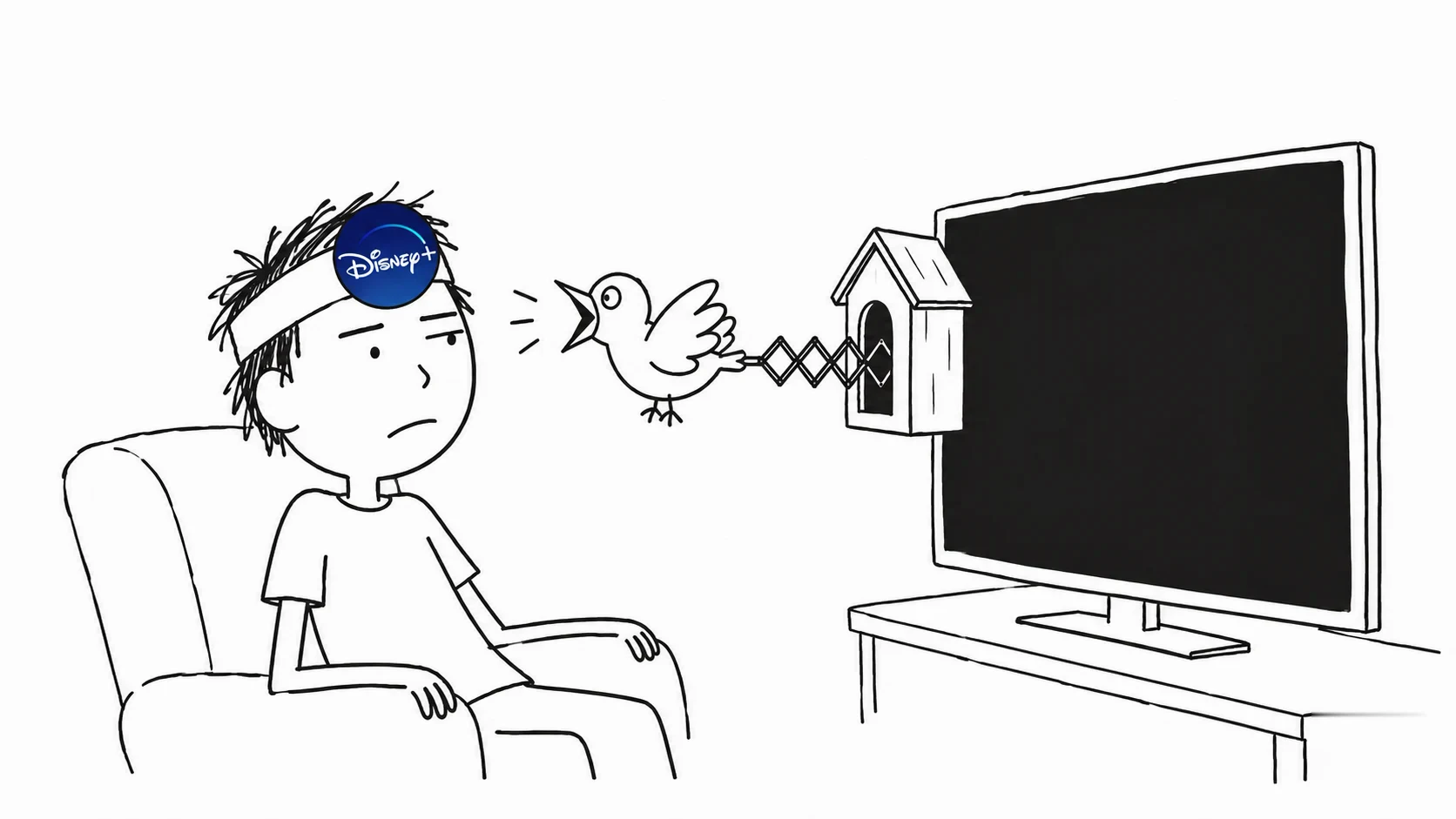 A resigned viewer faces a cuckoo bird popping out of a television.