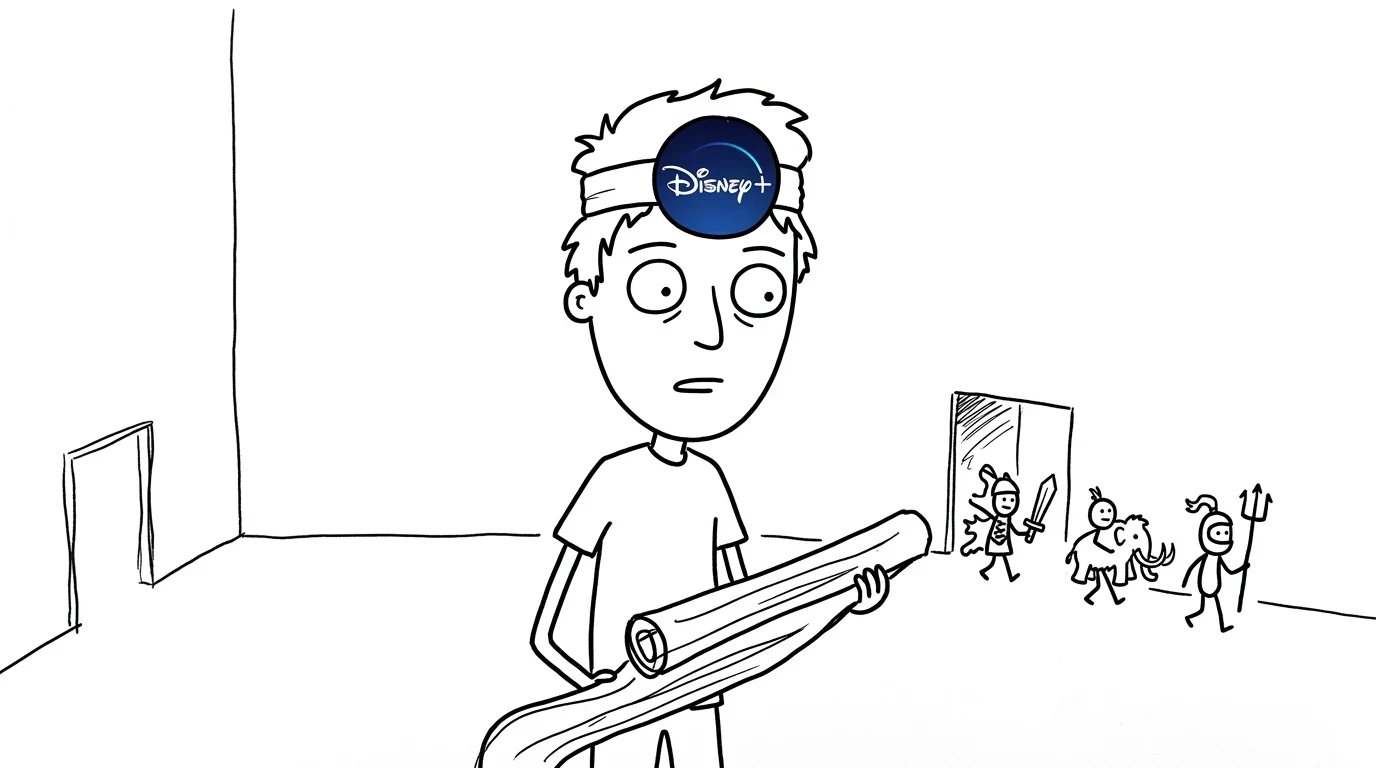 A baffled person watches tiny movers carry toy props from one small door to another.