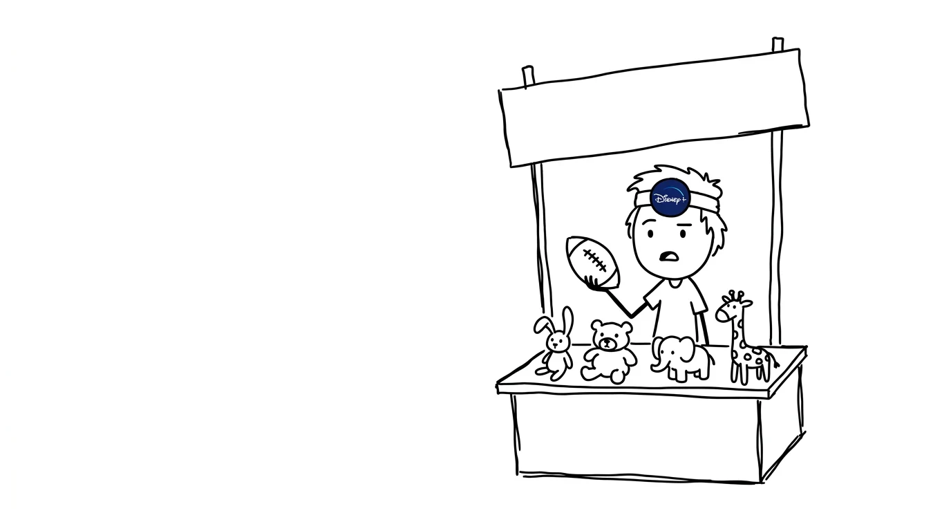 A baffled person holds a football at a stand stocked with stuffed animals and a blank sign.