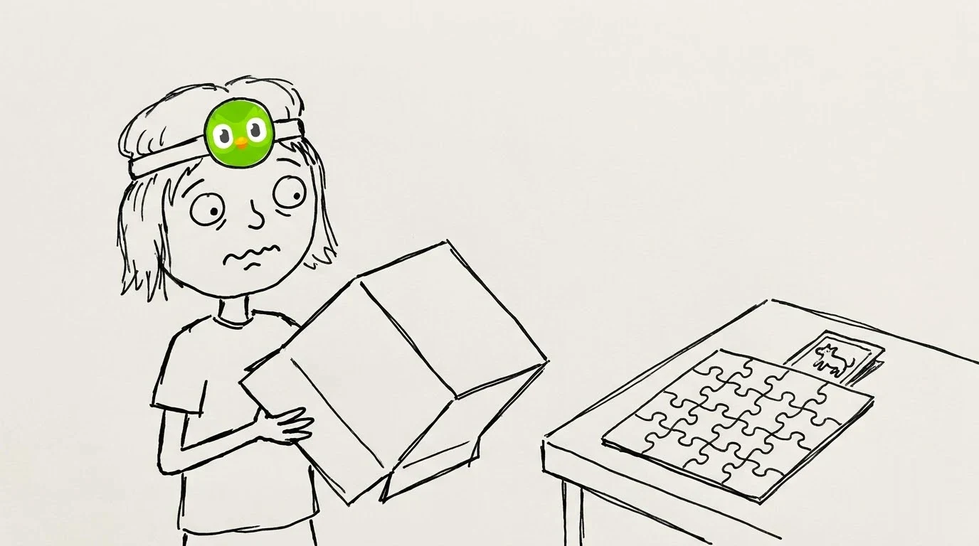 Puzzled person searches an empty box as a picture card appears behind a finished puzzle.