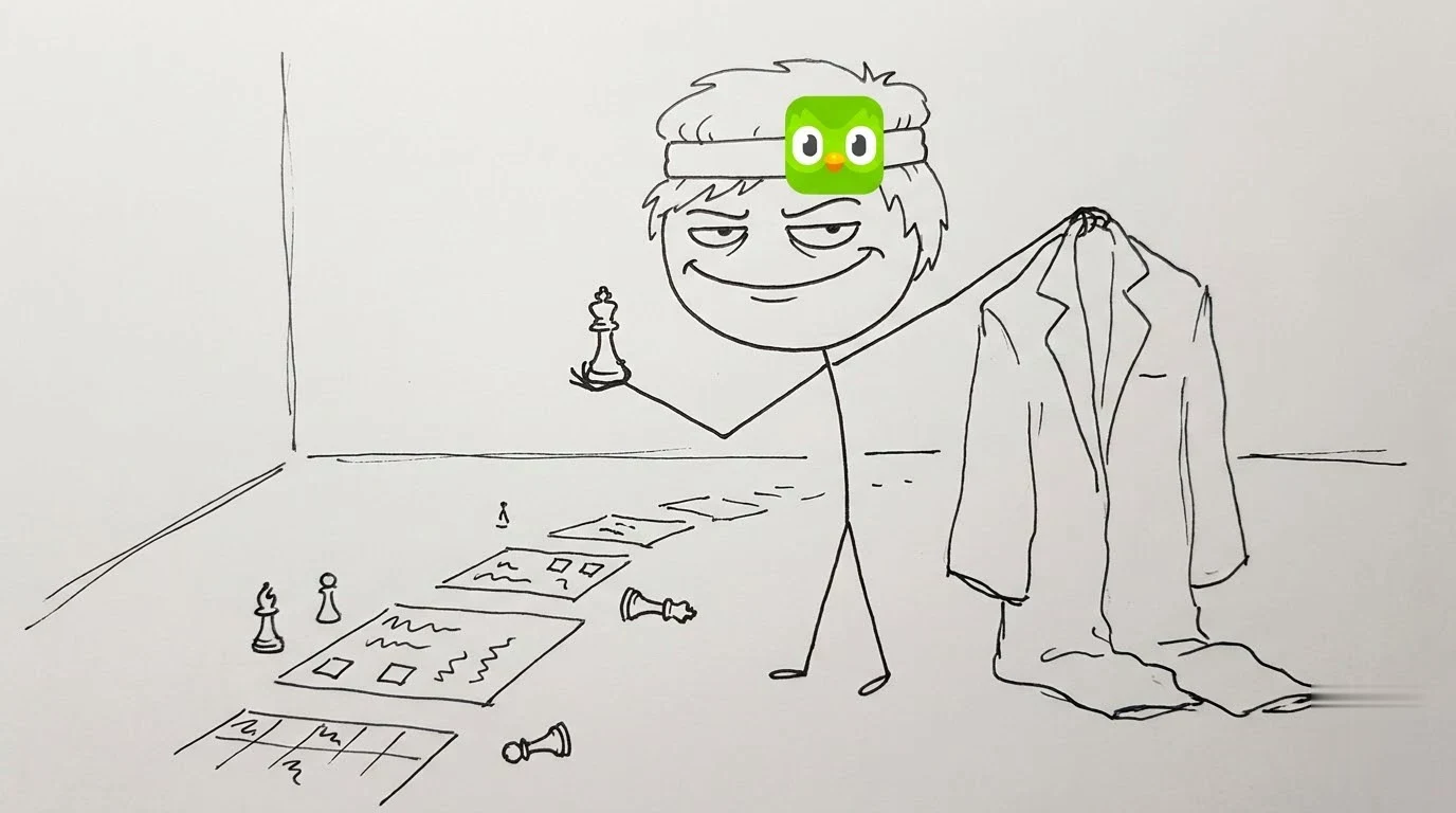 Smug person finds a chess piece among old game boards while holding an oversized suit.