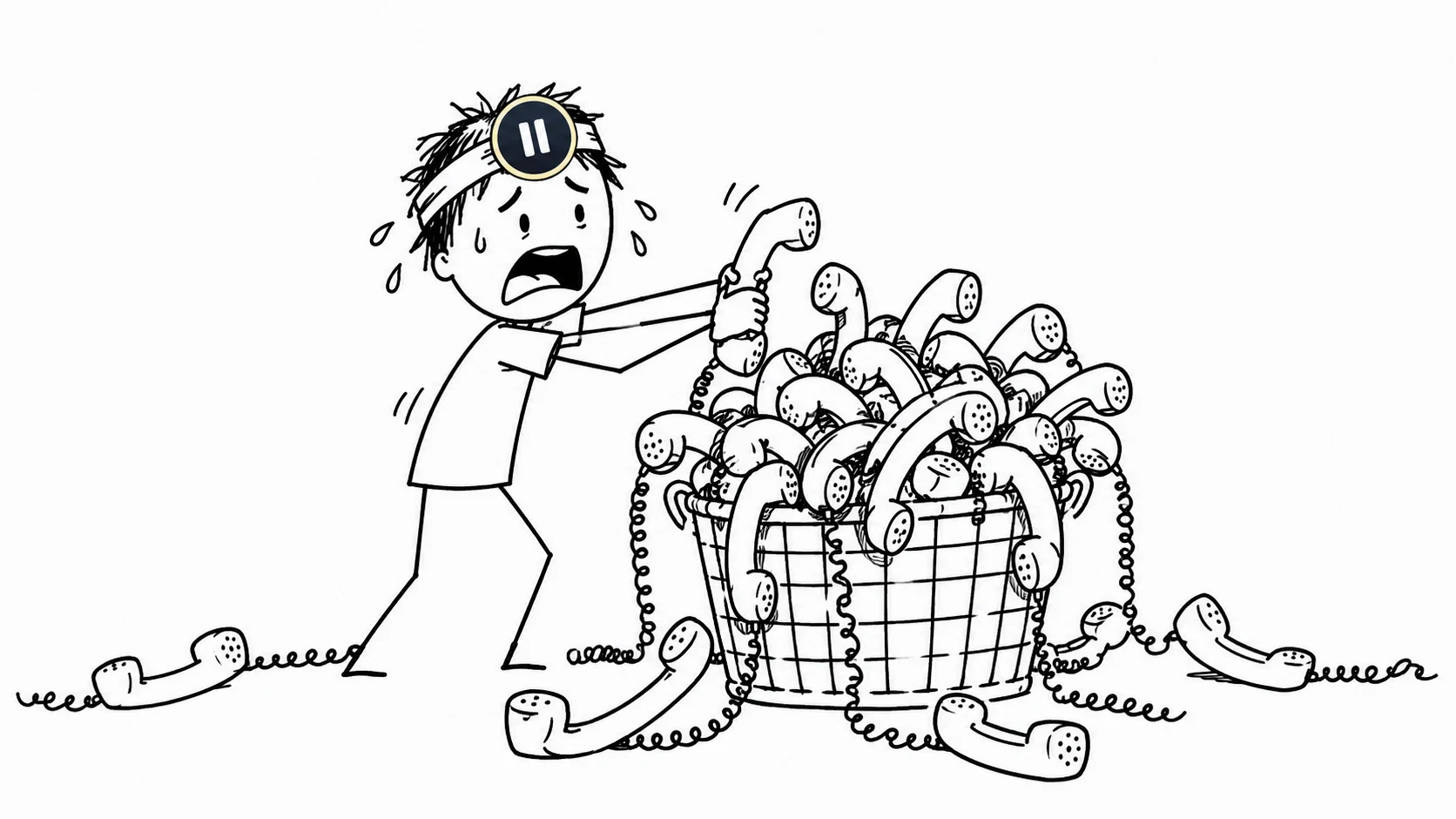 A panicking person tries to squeeze another telephone receiver into an overflowing basket.