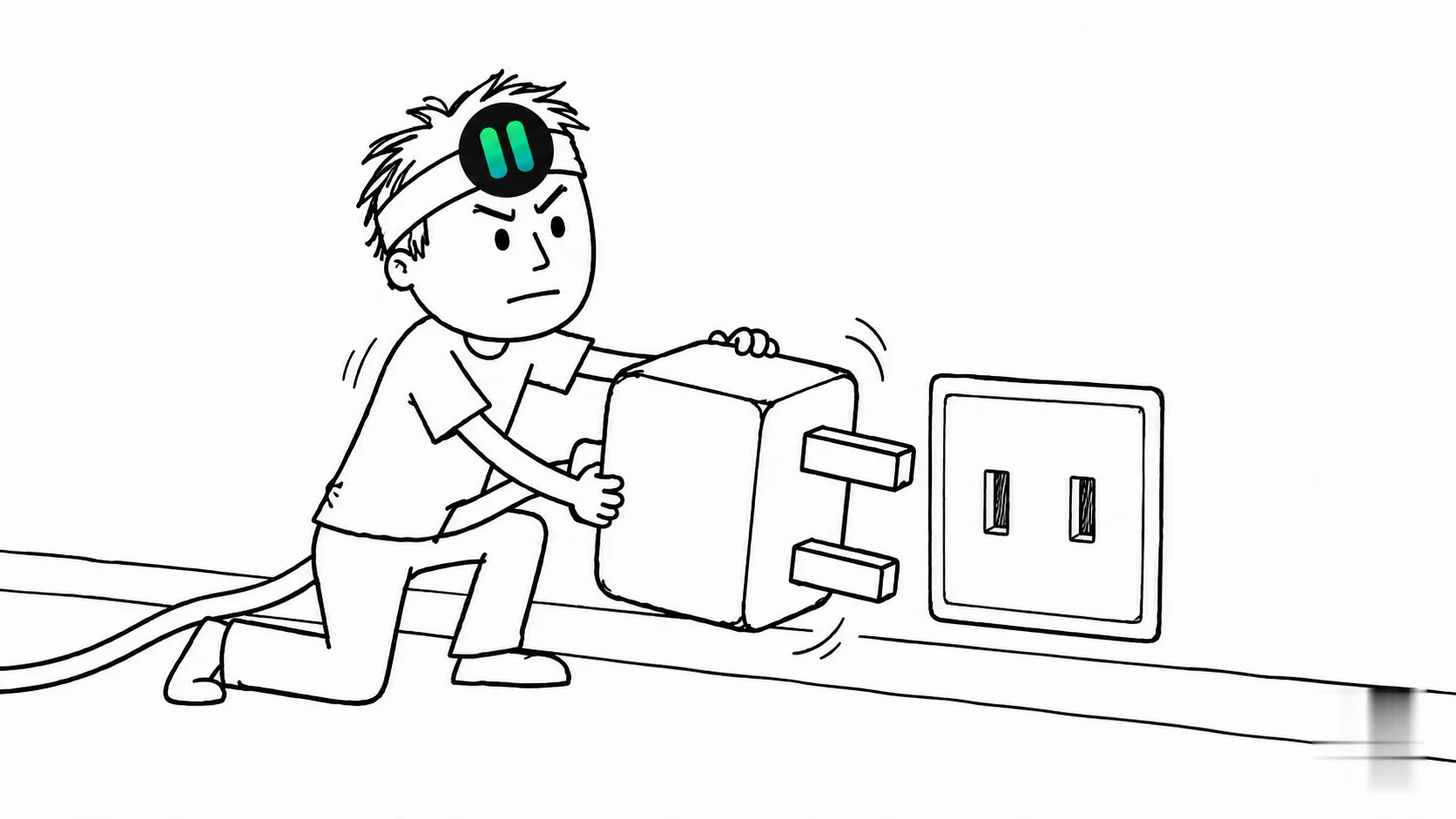 A determined person rotates an enormous square plug to match a wall socket.