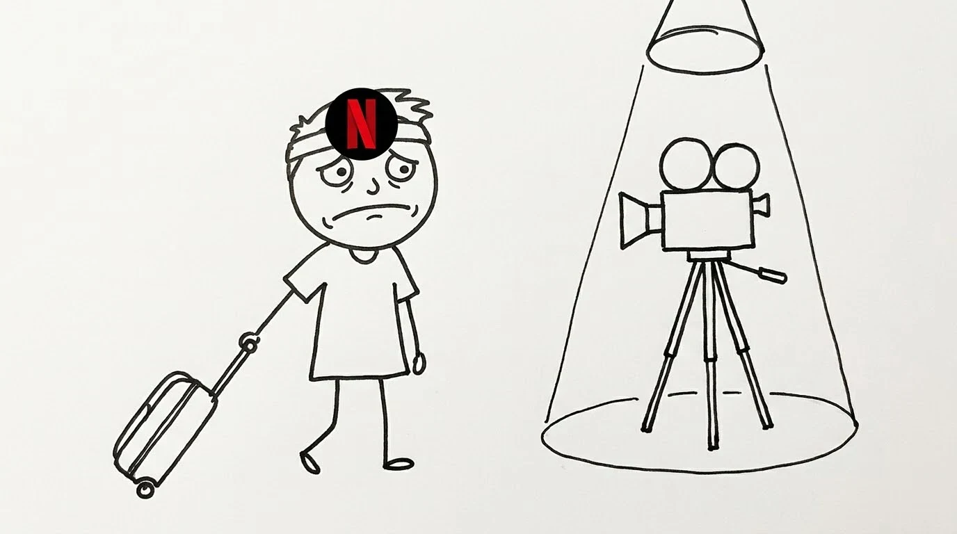 A messy-haired person leaves with a suitcase while a movie camera remains under a spotlight.