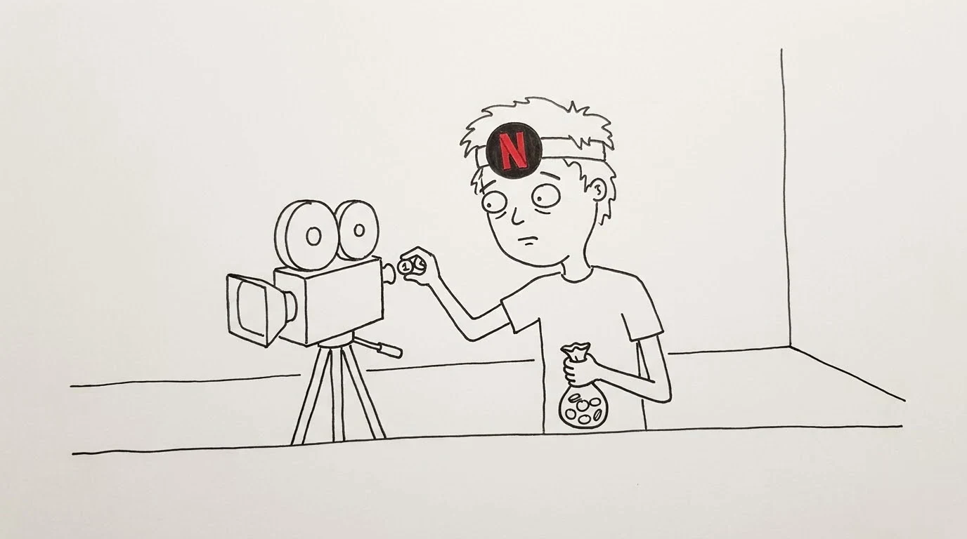 A cautious person feeds one coin at a time into a movie camera.