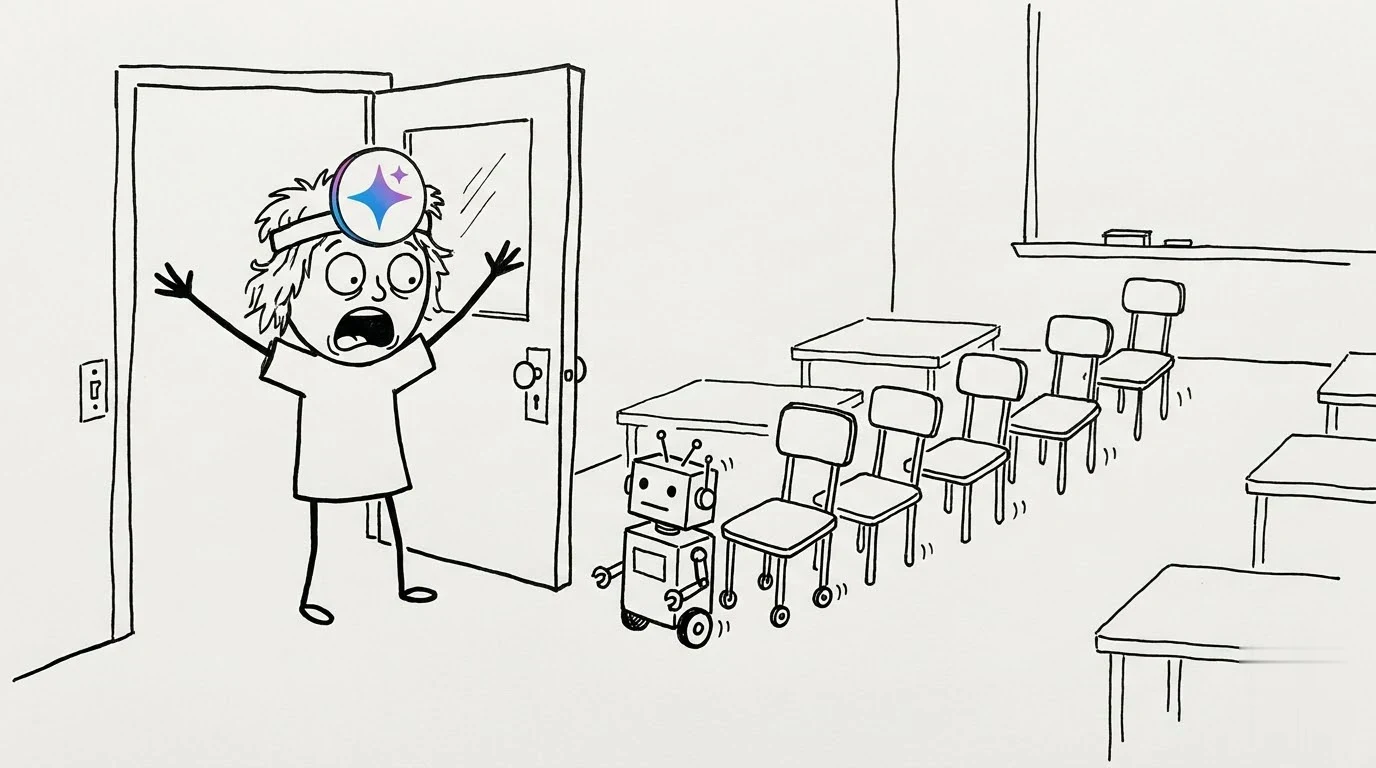 A shocked person opens a classroom door as a robot leads empty student chairs inside.