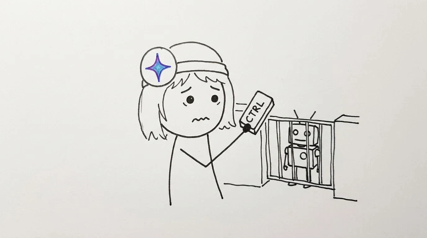 A cautious person holds a control key while a small robot waits behind a classroom gate.