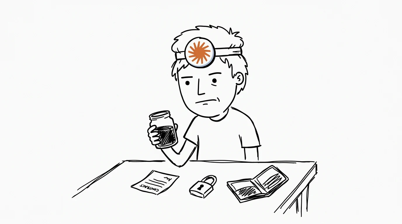 한 사람이 정체 모를 병과 접힌 서류, 허술한 자물쇠를 앞에 두고 경계하는 표정으로 앉아 있습니다.