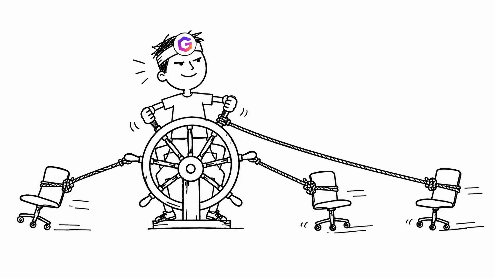 A person sitting smugly behind a huge steering wheel connected to tiny office chairs.