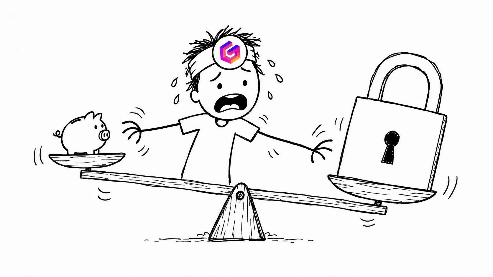 A panicking person trying to balance a piggy bank against a giant padlock on a scale.