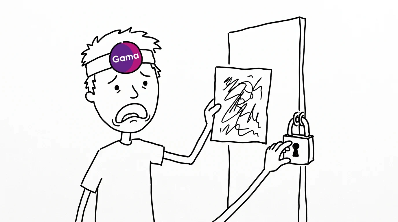 A person holds a finished drawing while staring, dismayed, at a padlock blocking the doorway.
