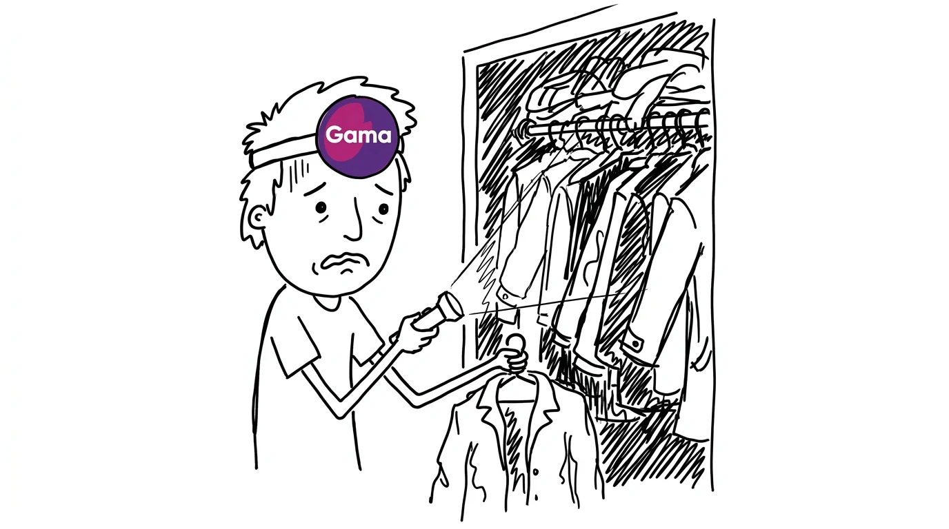 A person shines a flashlight into a crowded closet, searching for room among other people's coats.