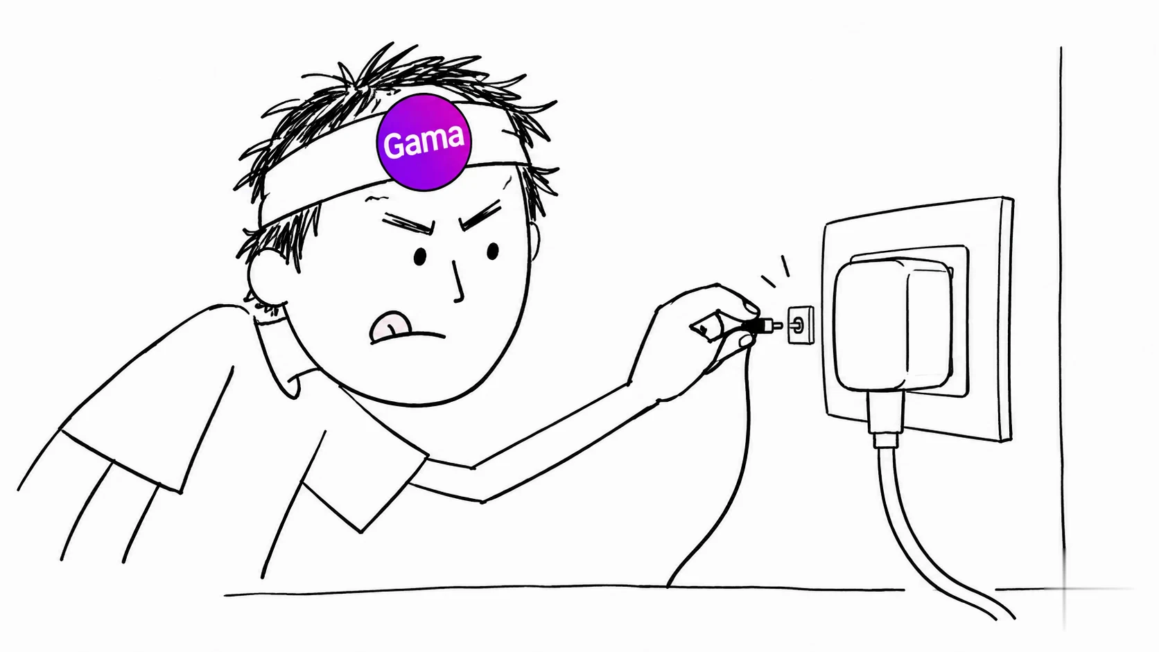 A messy-haired person inserts a tiny plug into a side socket, leaving the main socket connected.