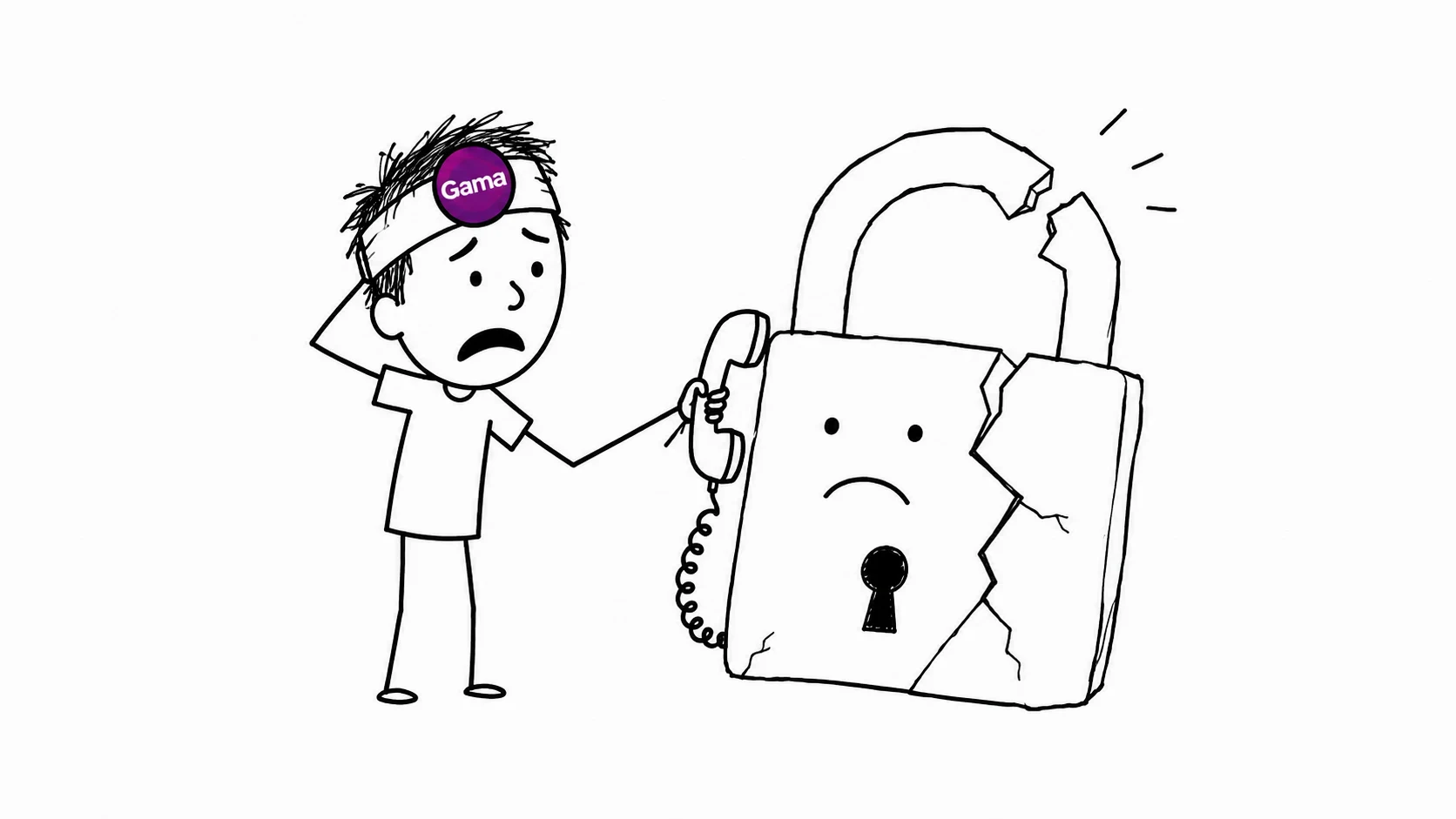 A worried, messy-haired person holds a telephone receiver against a cracked padlock.