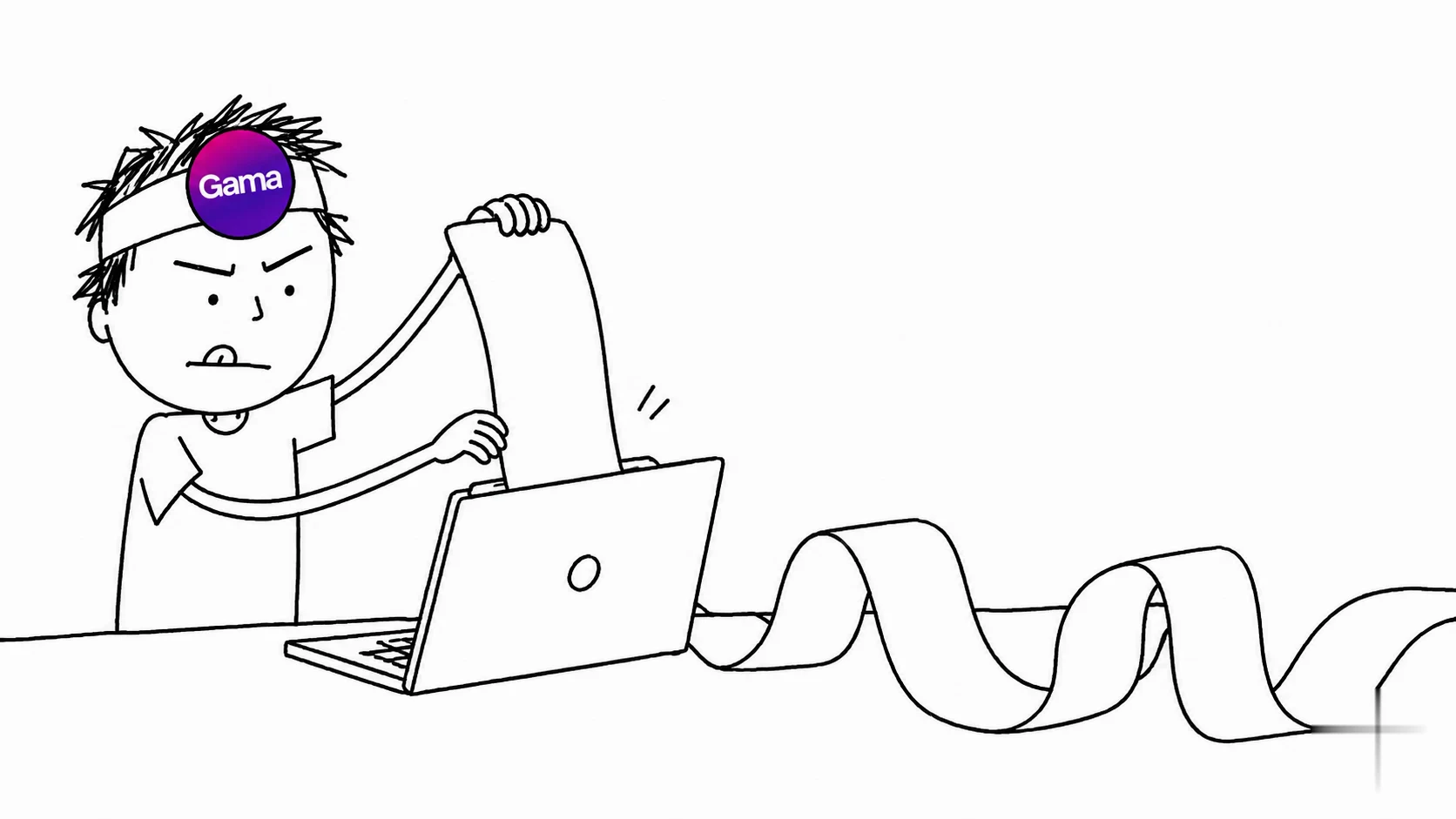 A focused person with messy hair feeds a long strip of blank paper into a laptop like a toaster.
