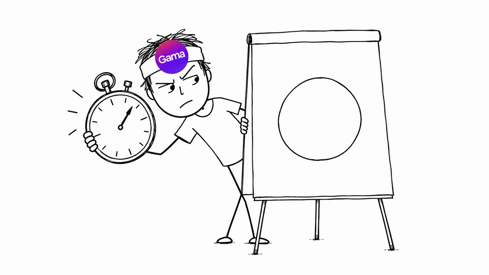 A suspicious person with messy hair peers around a presentation board while holding a large stopwatch.