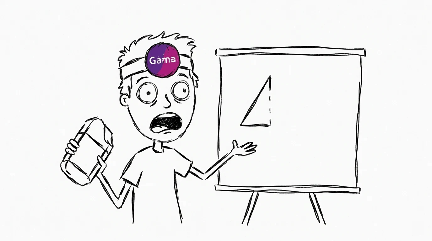 A shocked, messy-haired person holds a giant eraser beside a partly erased presentation board.