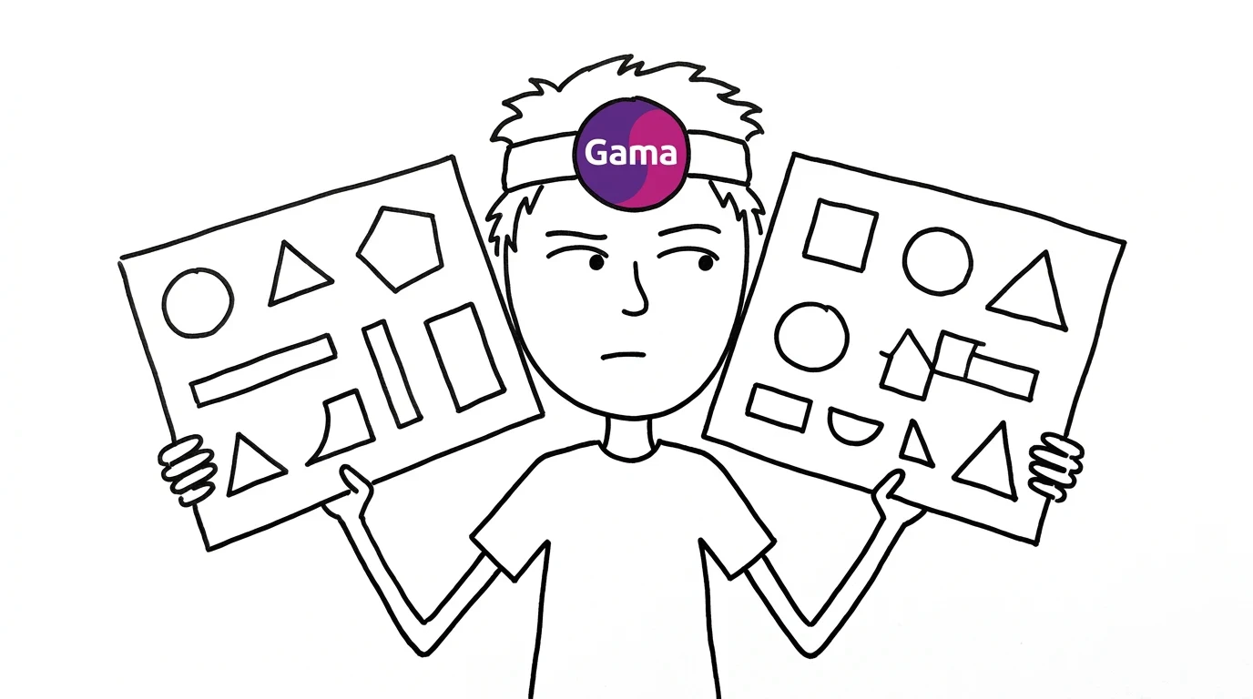A suspicious, messy-haired person compares two presentation boards held against their cheeks.