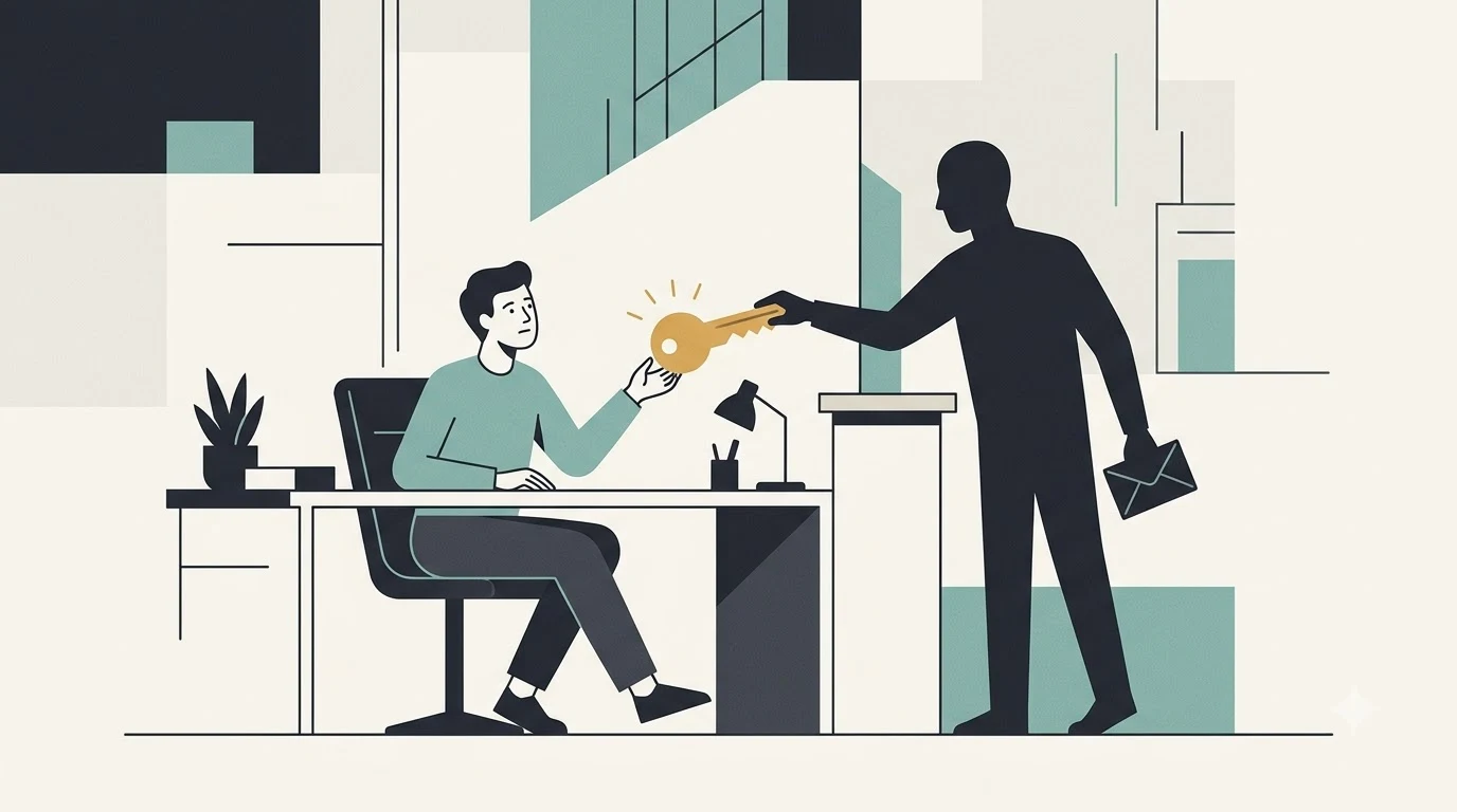 Illustration of a person at a desk receiving a key from a hand across a counter.