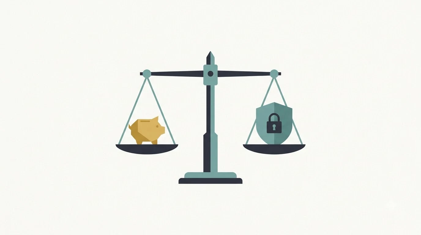 Illustration of a balance scale weighing a piggy bank against a shield and padlock.