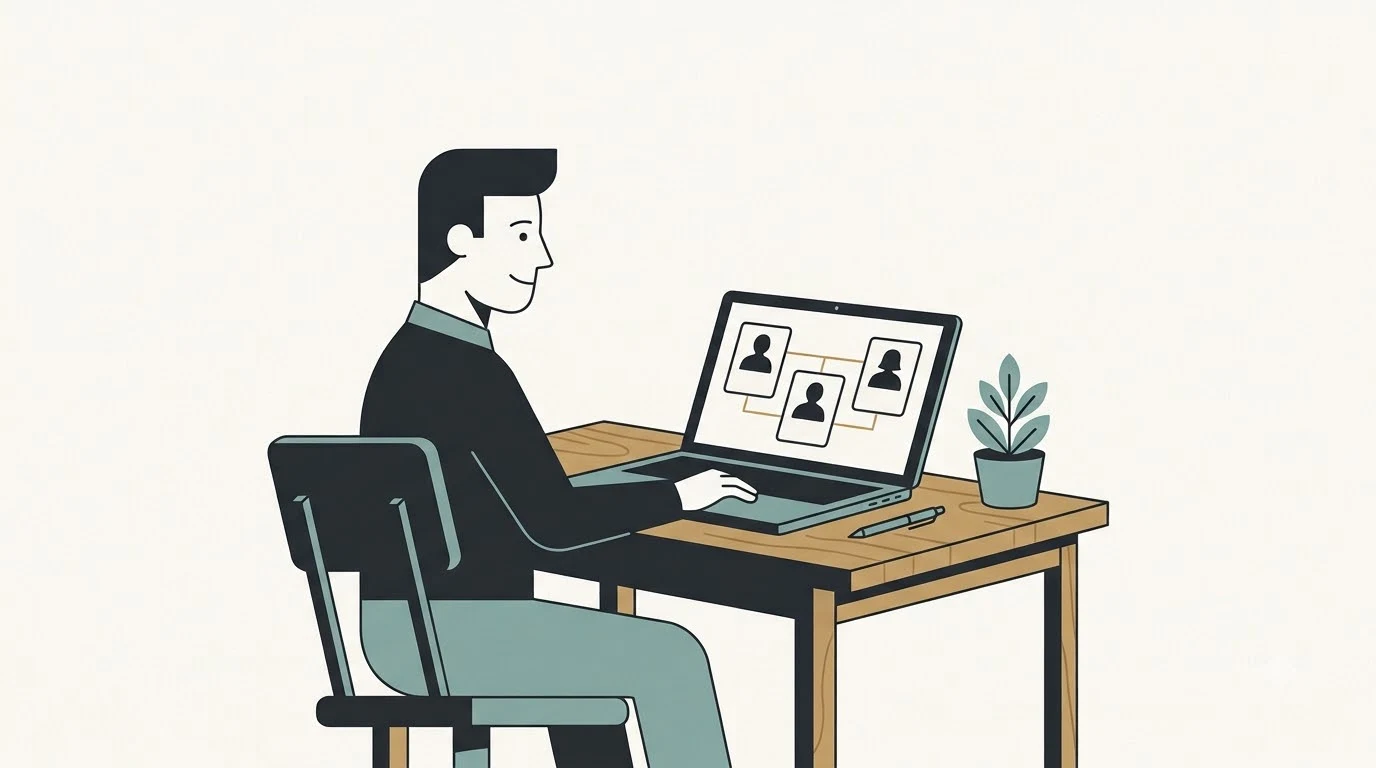 A person sitting at a desk reviewing connected profile avatars on a laptop screen.