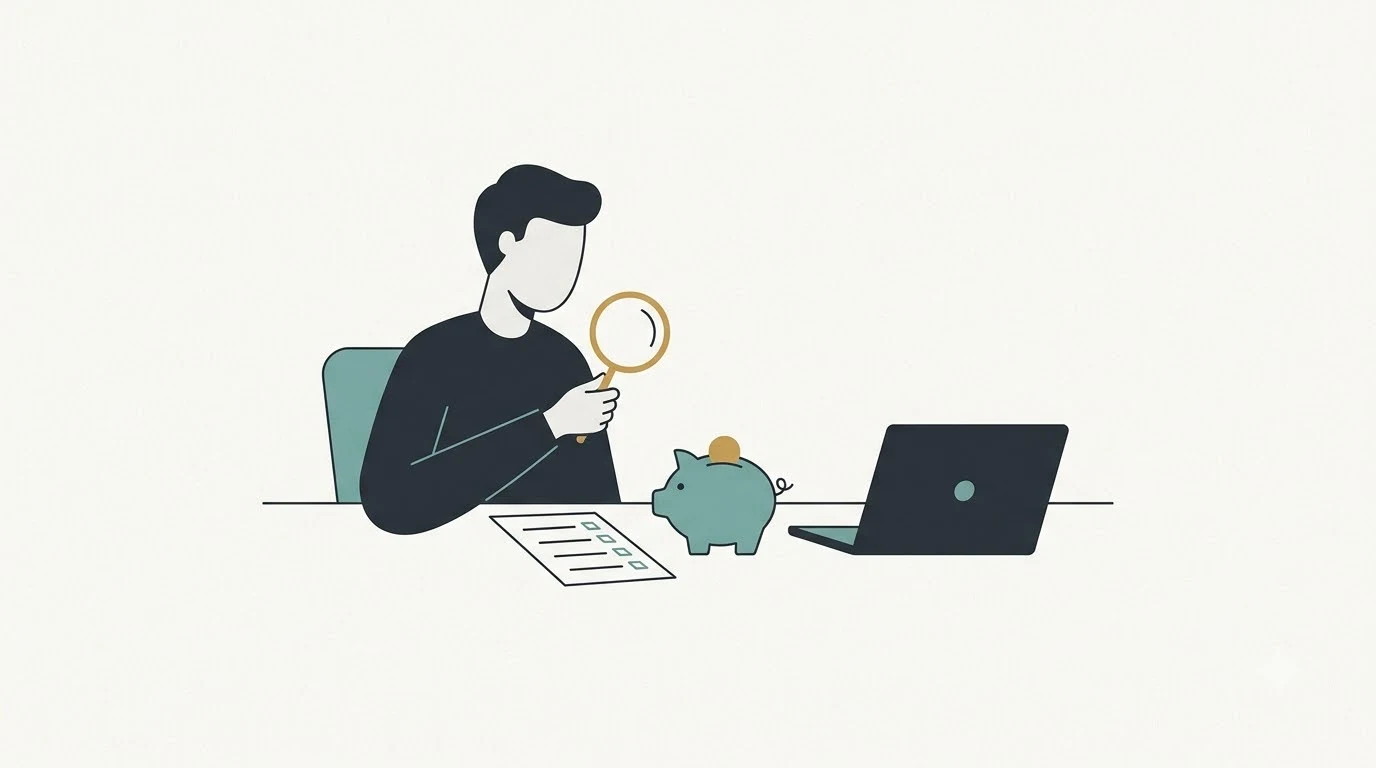 A person examining a checklist with a magnifying glass next to a piggy bank.