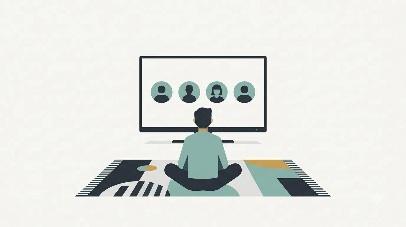 A person on a rug watching a large screen with four distinct user profile icons.