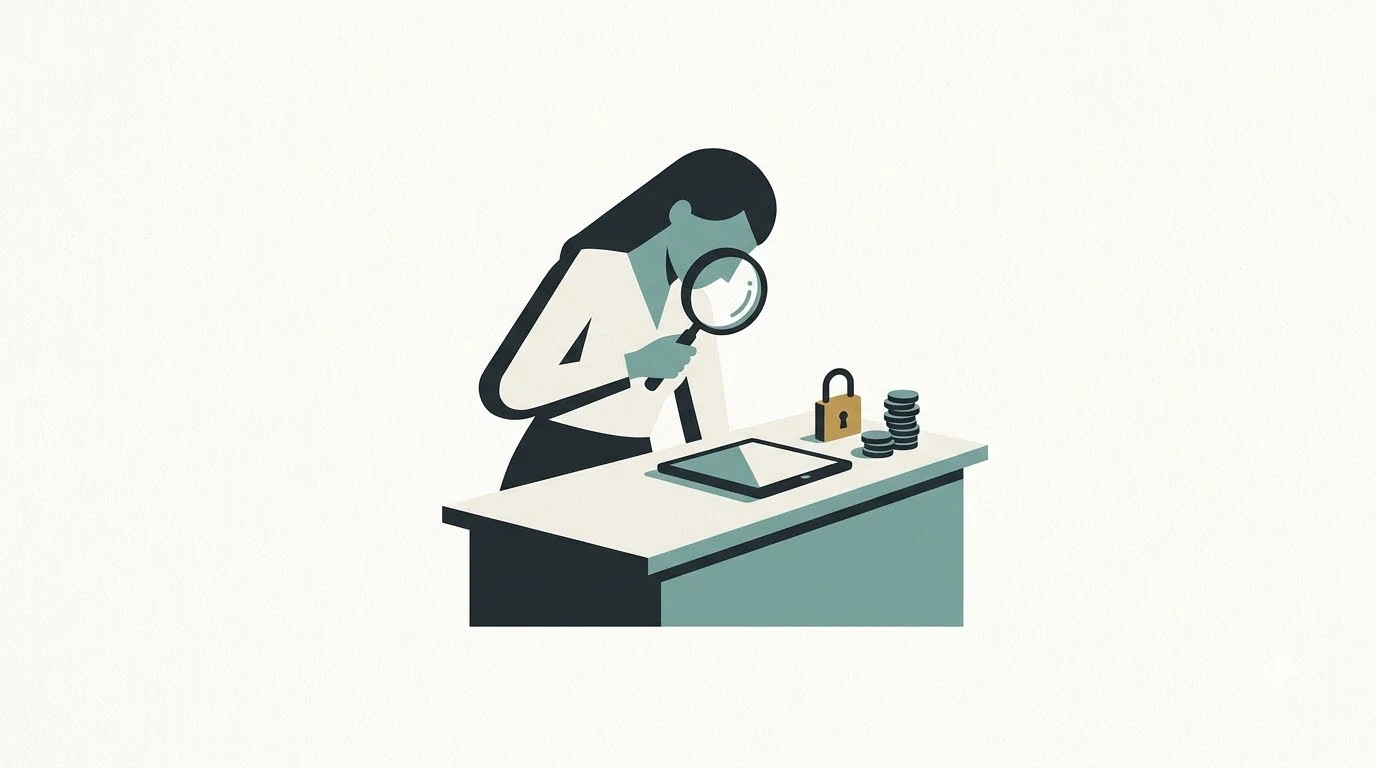 A person using a magnifying glass to examine a tablet next to a padlock and coins on a desk.