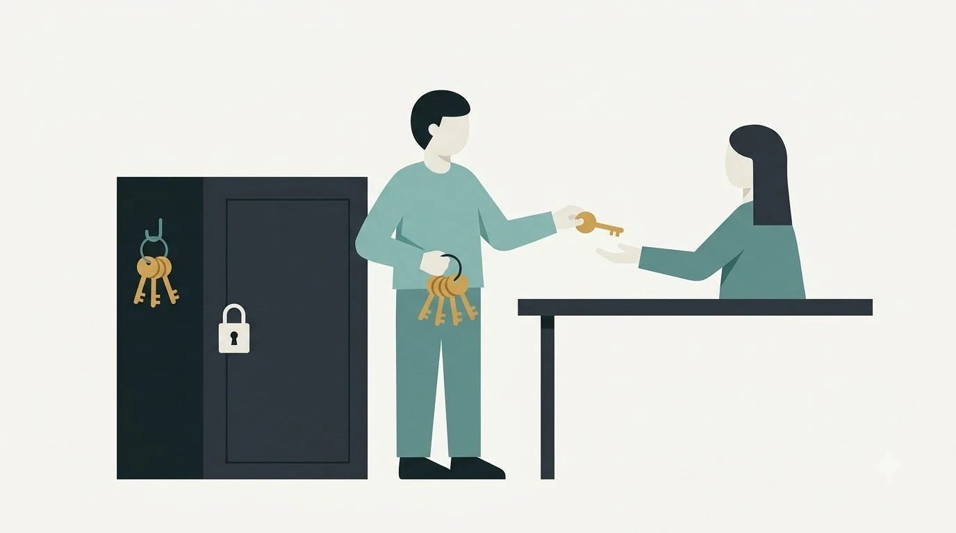 One person keeps a cabinet of keys while handing a single key to another person across a table.