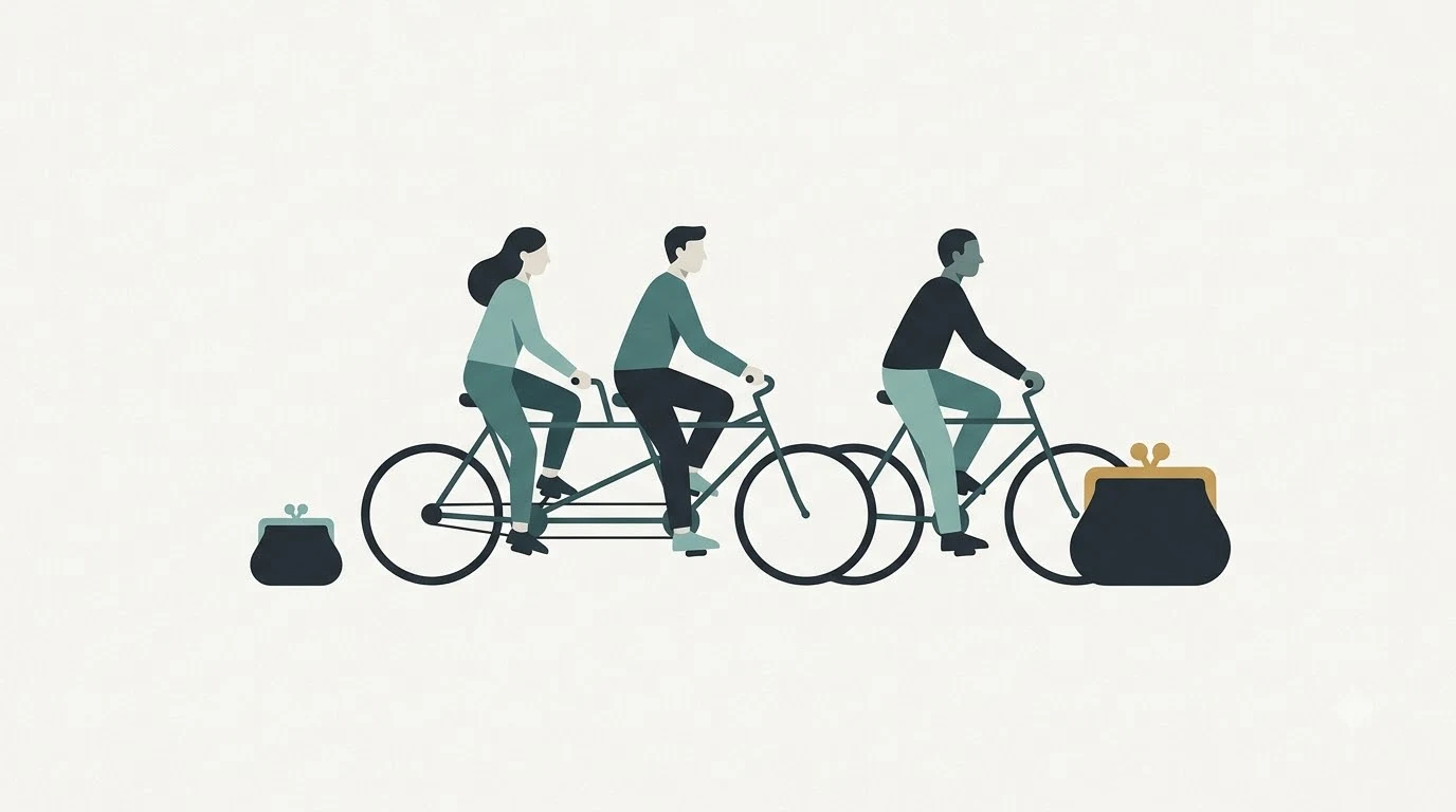 Two people share a tandem beside a solo cyclist, with a smaller coin pouch next to the tandem.