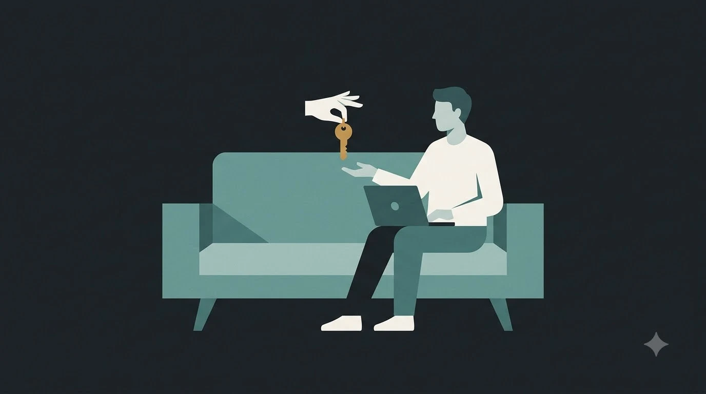 Illustration of a person on a sofa with a laptop receiving a key from another person behind the couch.