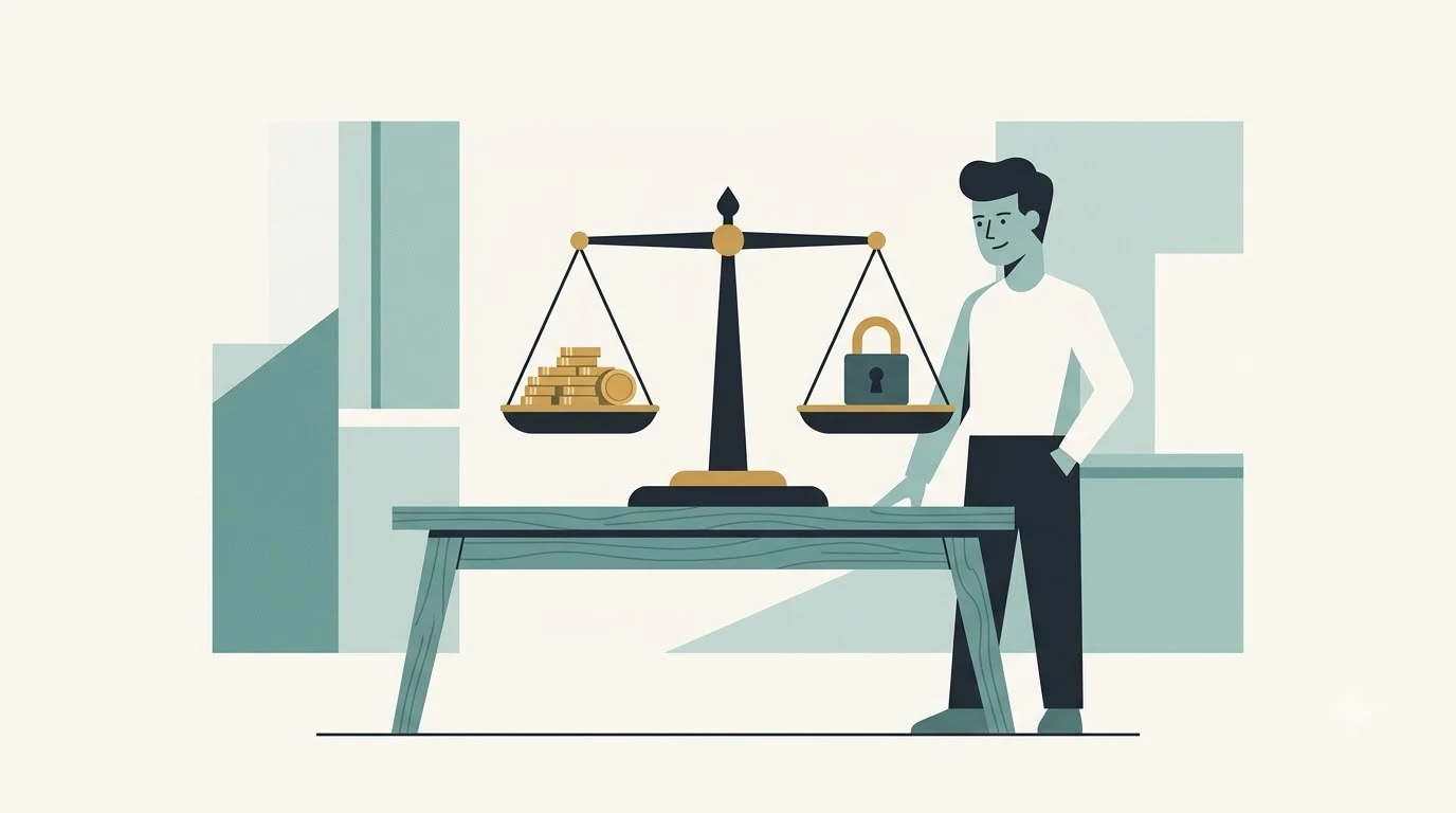 Illustration of a person standing next to a scale balancing a pile of coins and a padlock.
