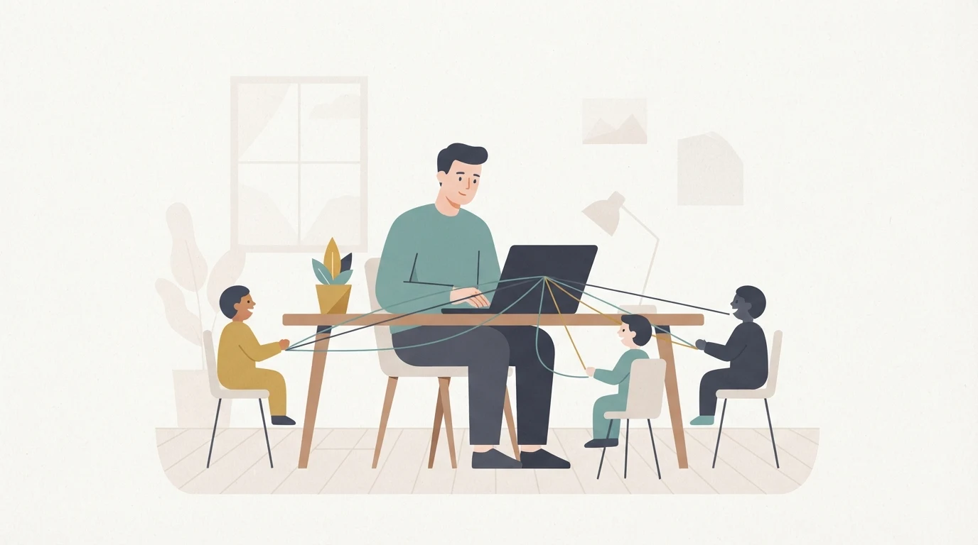 An illustration of a person sharing a central computer at a desk with three small figures.