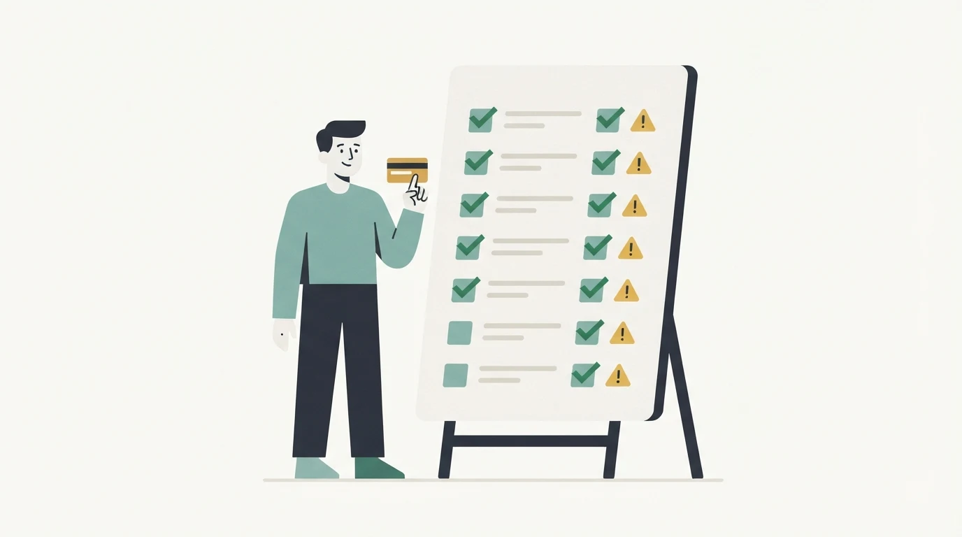 An illustration of a person reviewing a checklist with checkmarks and warning symbols next to a payment card.